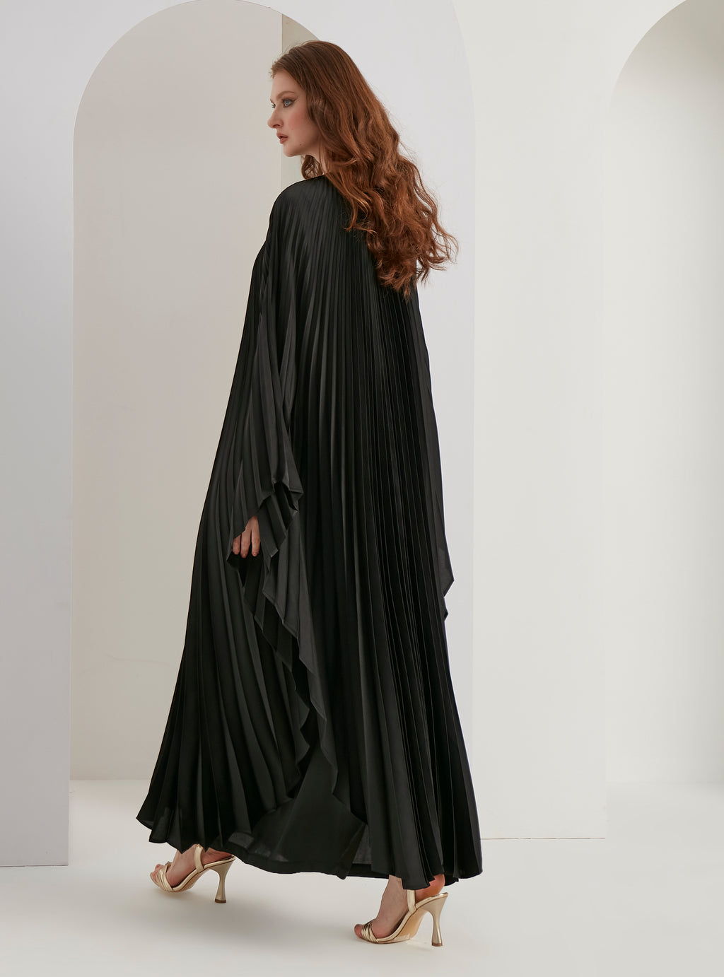 Pearls Button Plisse-Satin Maxi Dress Kaftan Black - Store WF