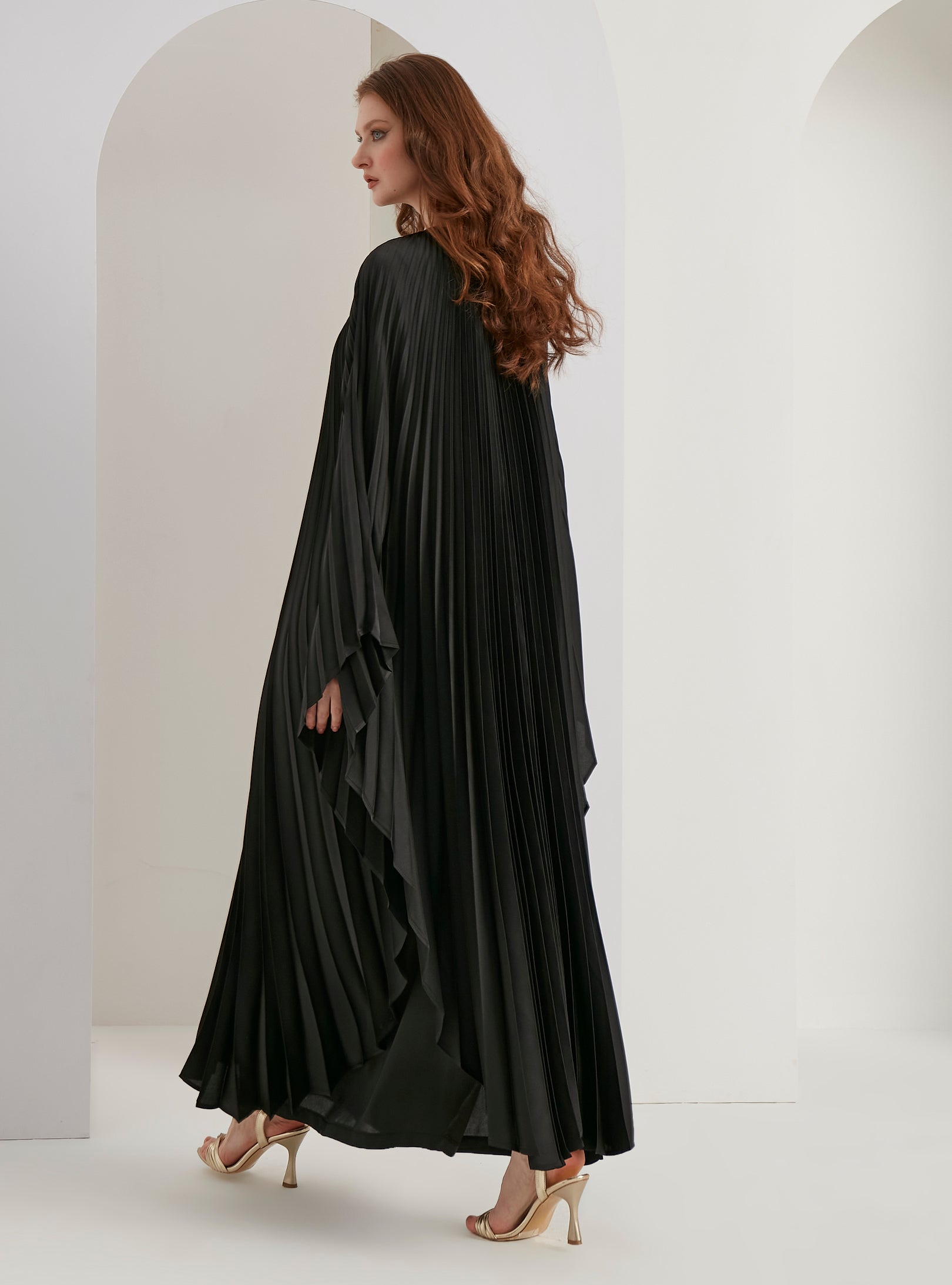 Pearls Button Plisse-Satin Maxi Dress Kaftan Black - Store WF