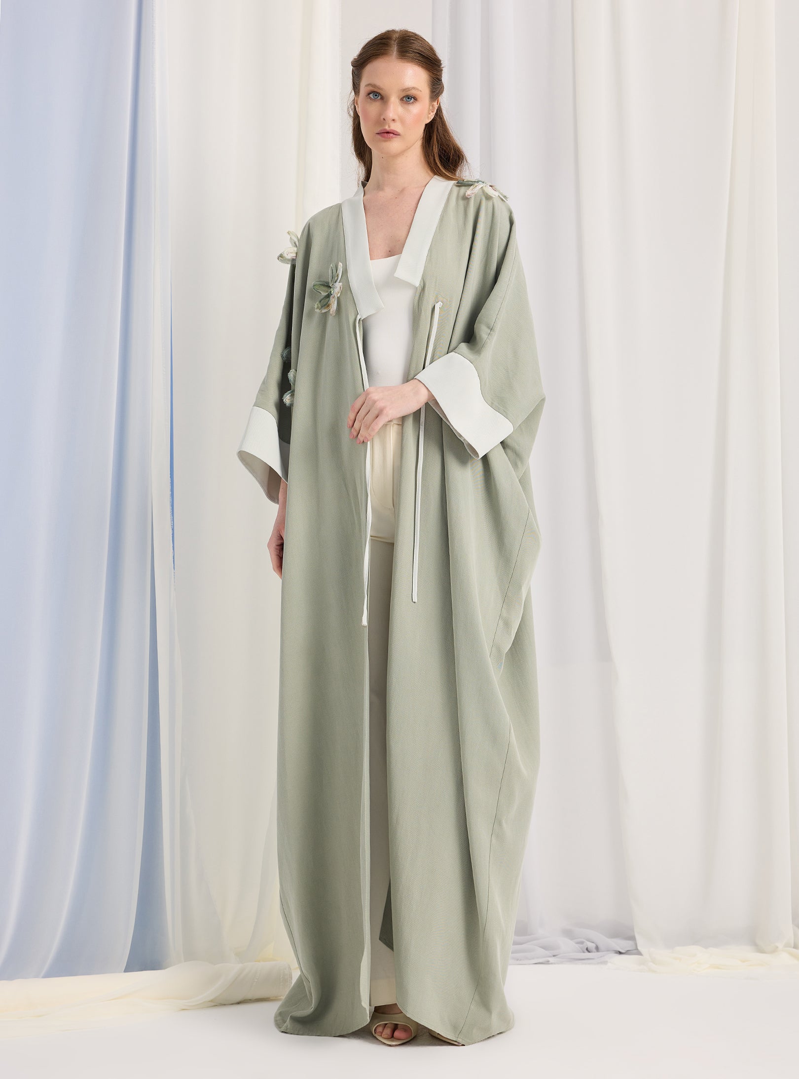 Light Mint Flower Detailed Abaya - Store WF