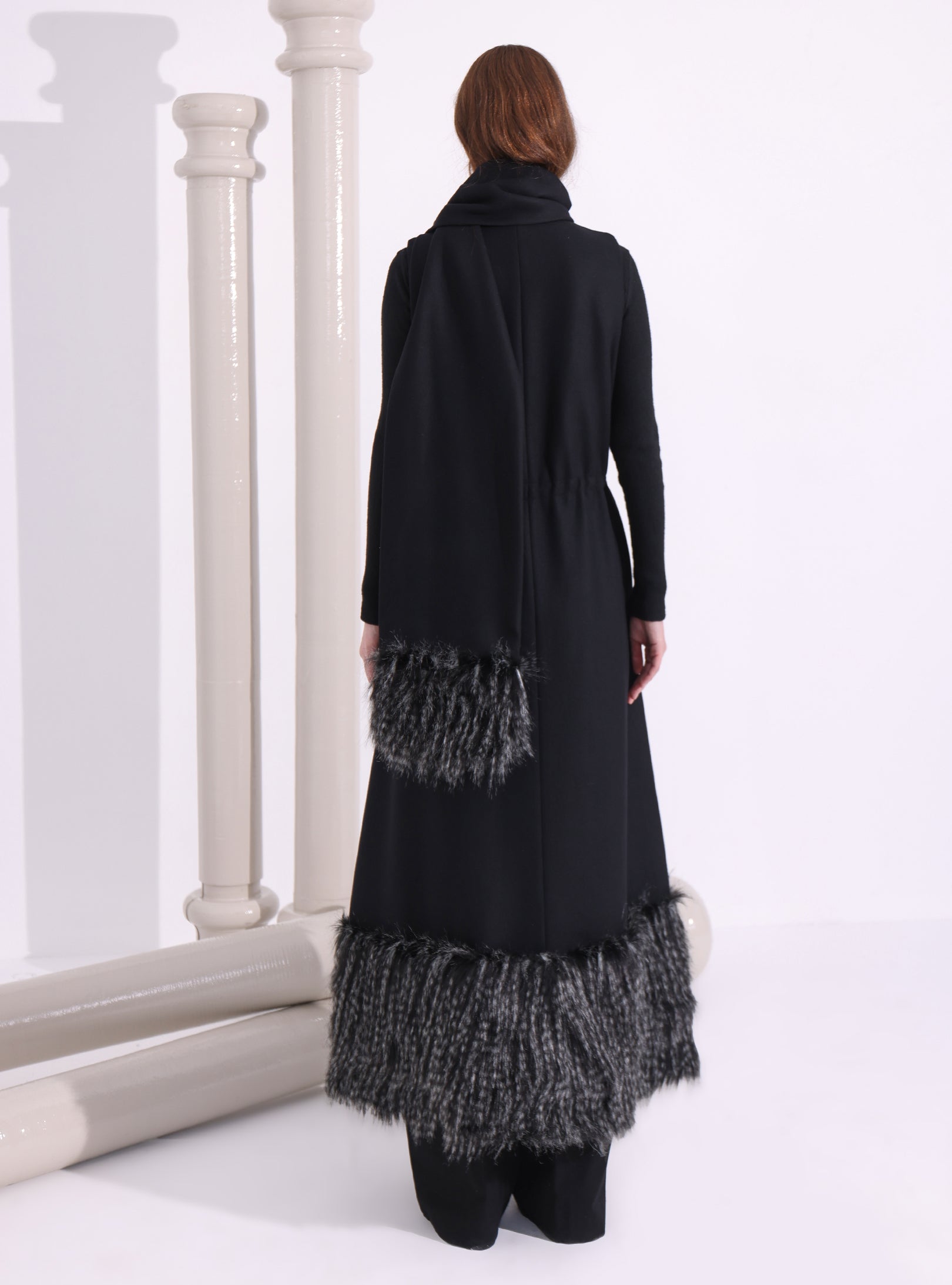 Black Faux Fur Trim Wool Gilet With Scarf - Store WF