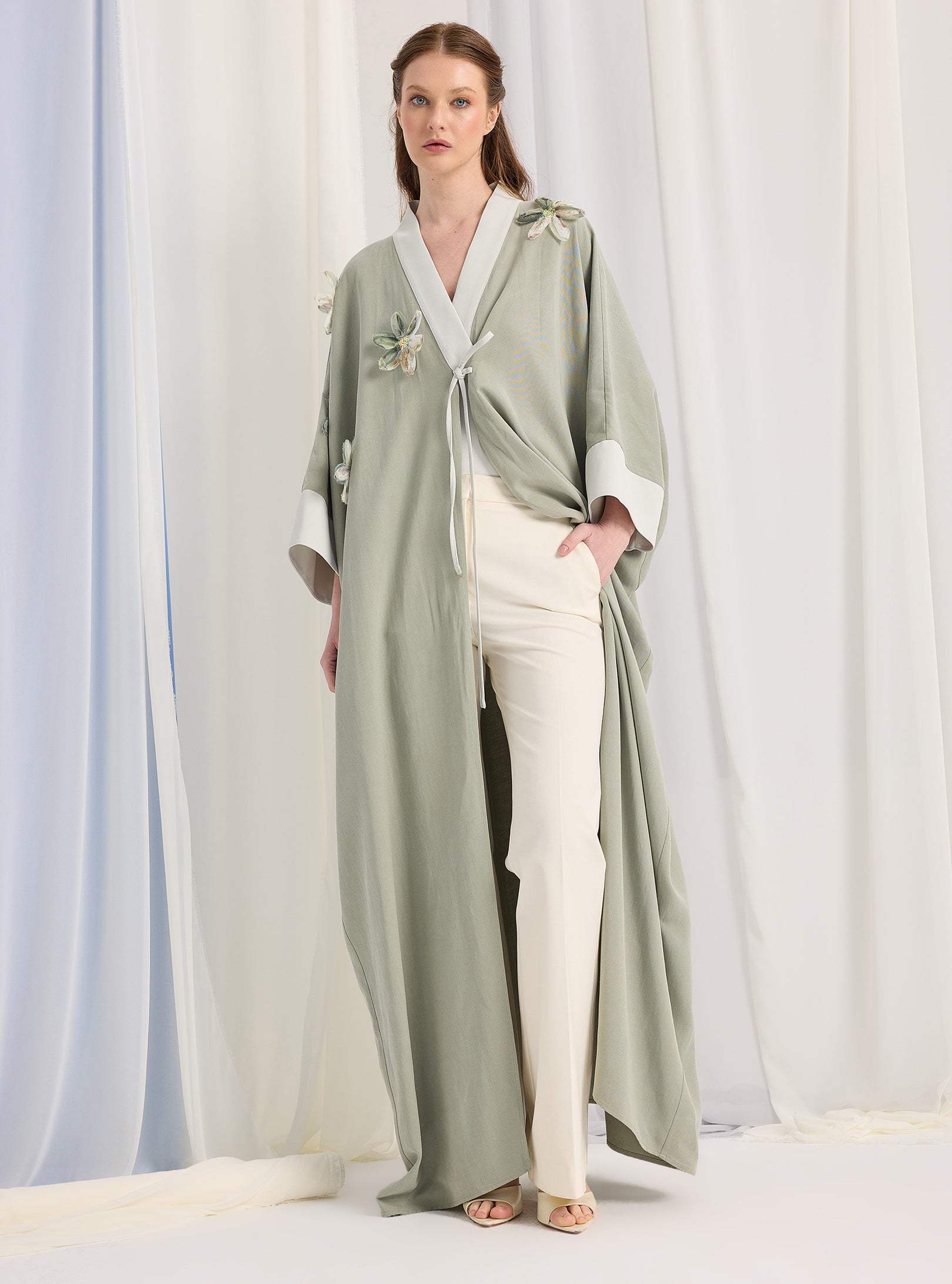 Light Mint Flower Detailed Abaya - Store WF