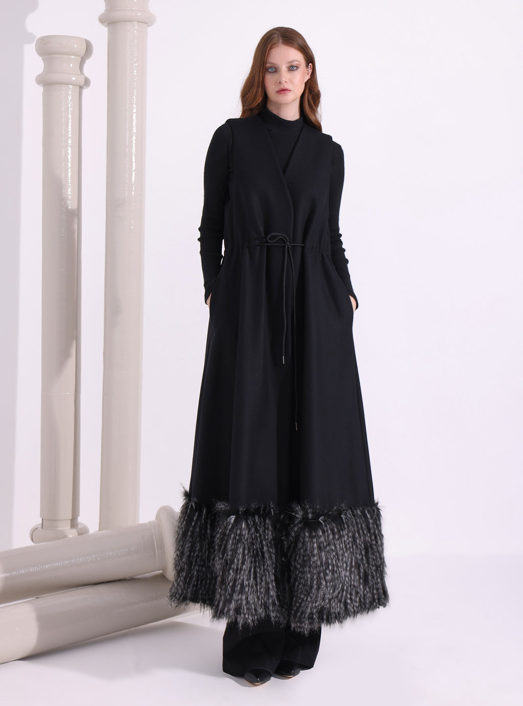 Black Faux Fur Trim Wool Gilet With Scarf - Store WF
