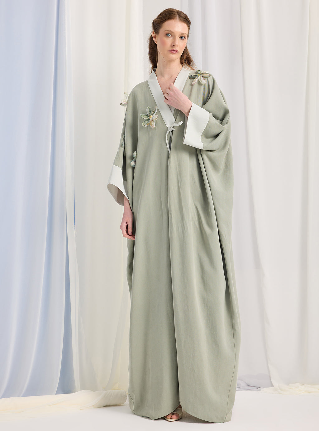 Light Mint Flower Detailed Abaya - Store WF