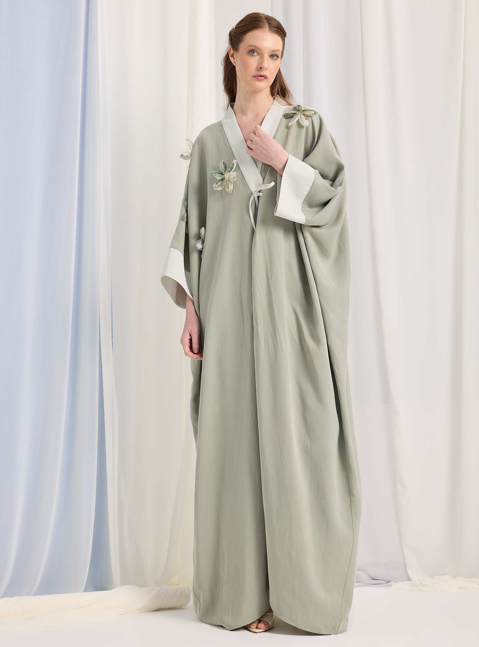 Light Mint Flower Detailed Abaya - Store WF