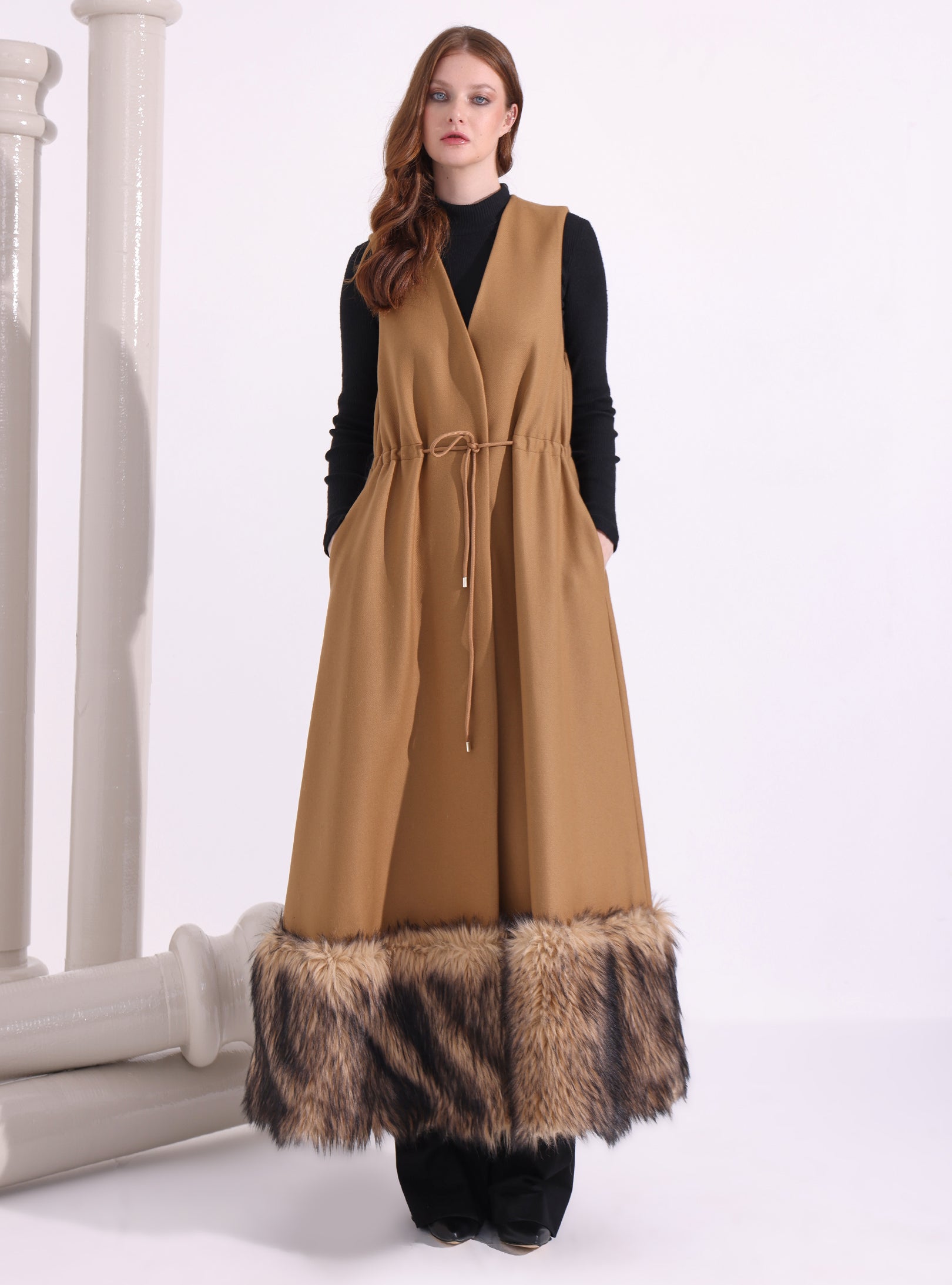 Faux Fur Trim Camel Wool Gilet With Scarf - Store WF