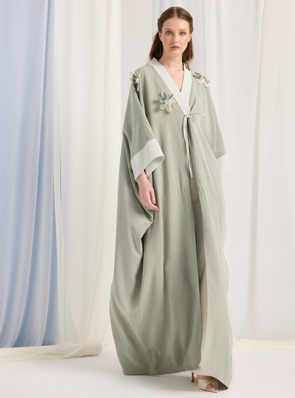 Light Mint Flower Detailed Abaya - Store WF