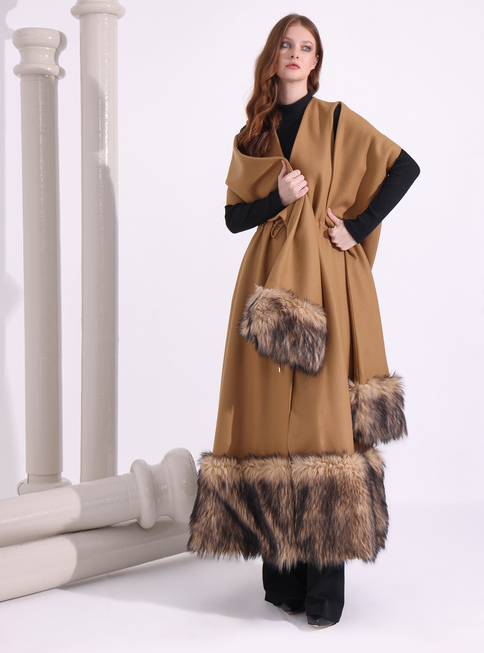 Faux Fur Trim Camel Wool Gilet With Scarf - Store WF