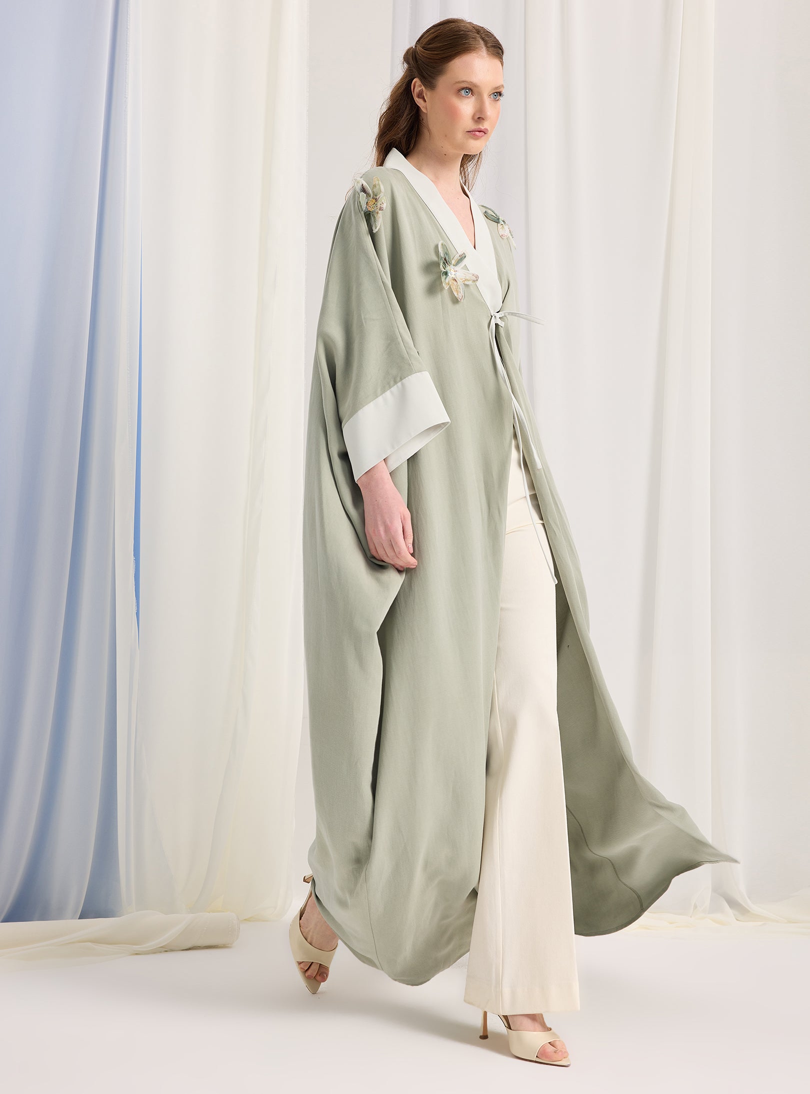 Light Mint Flower Detailed Abaya - Store WF