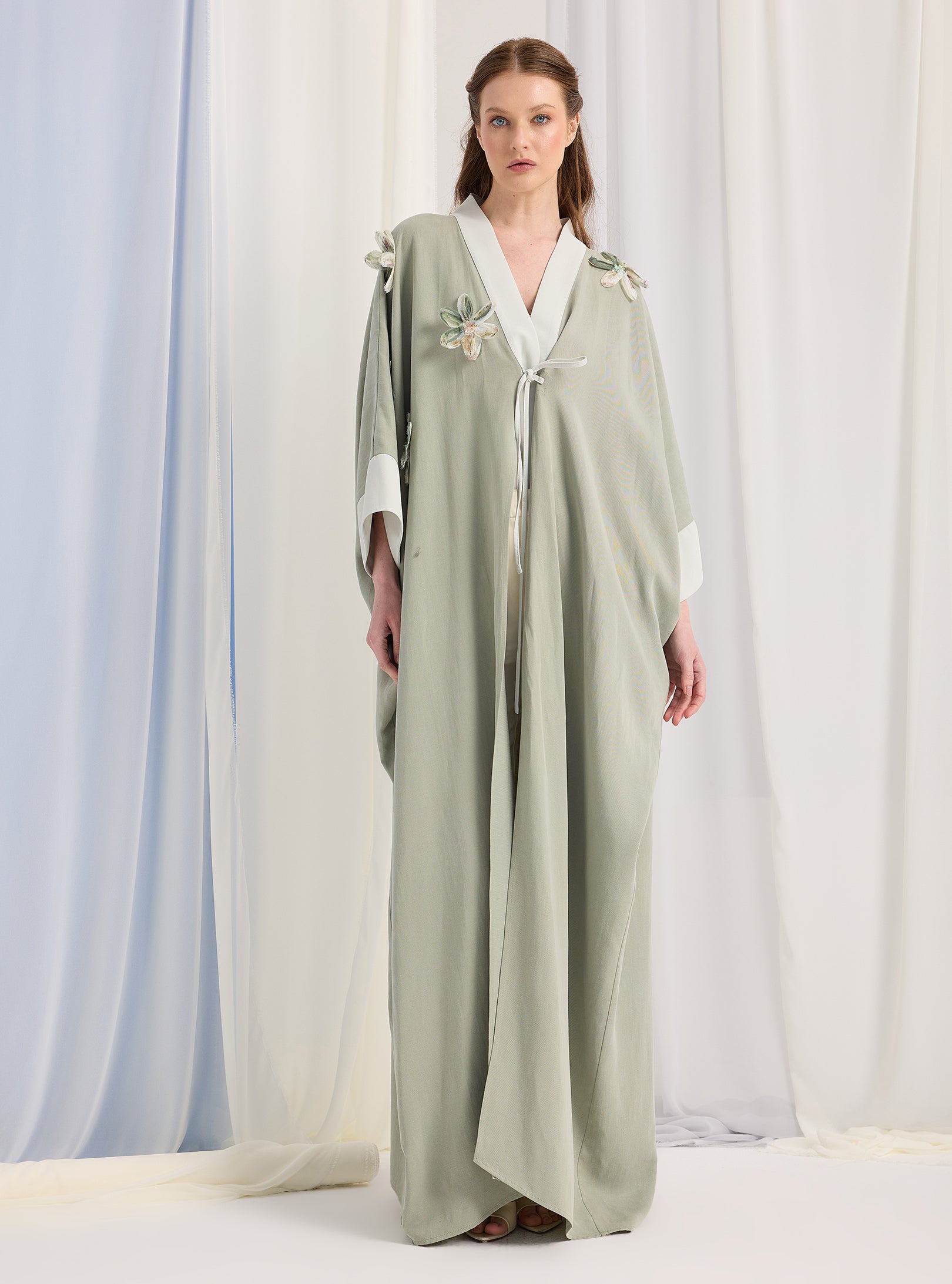 Light Mint Flower Detailed Abaya - Store WF