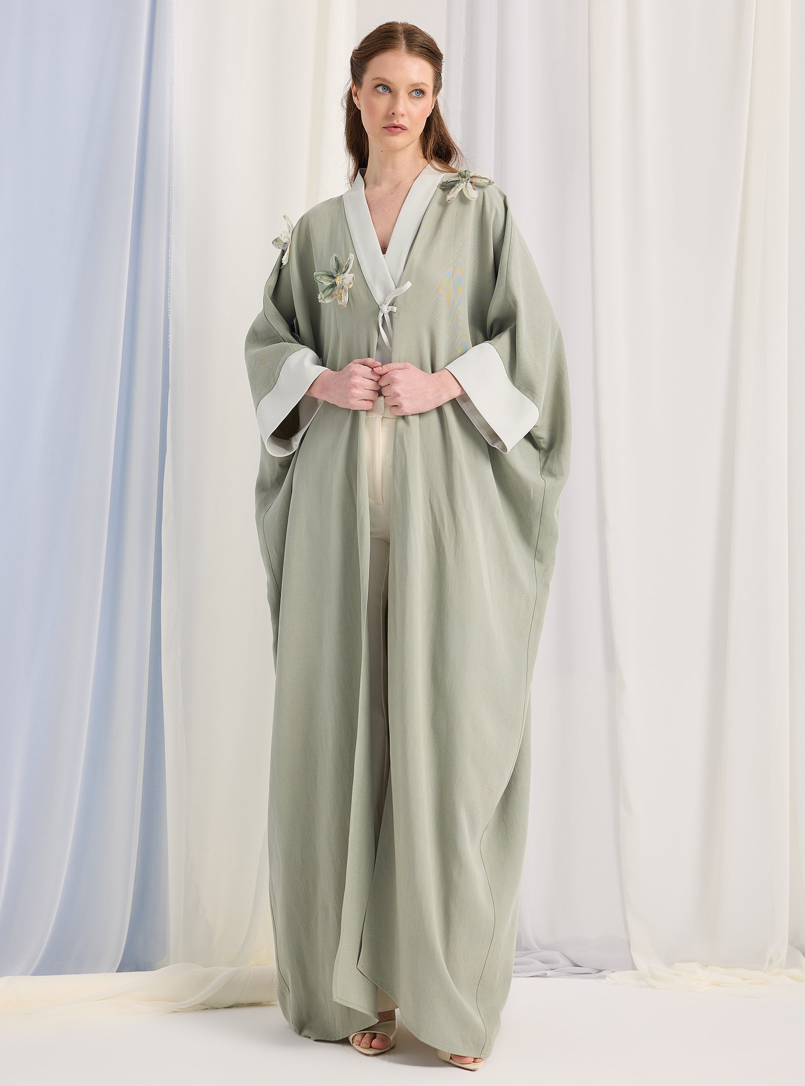 Light Mint Flower Detailed Abaya - Store WF