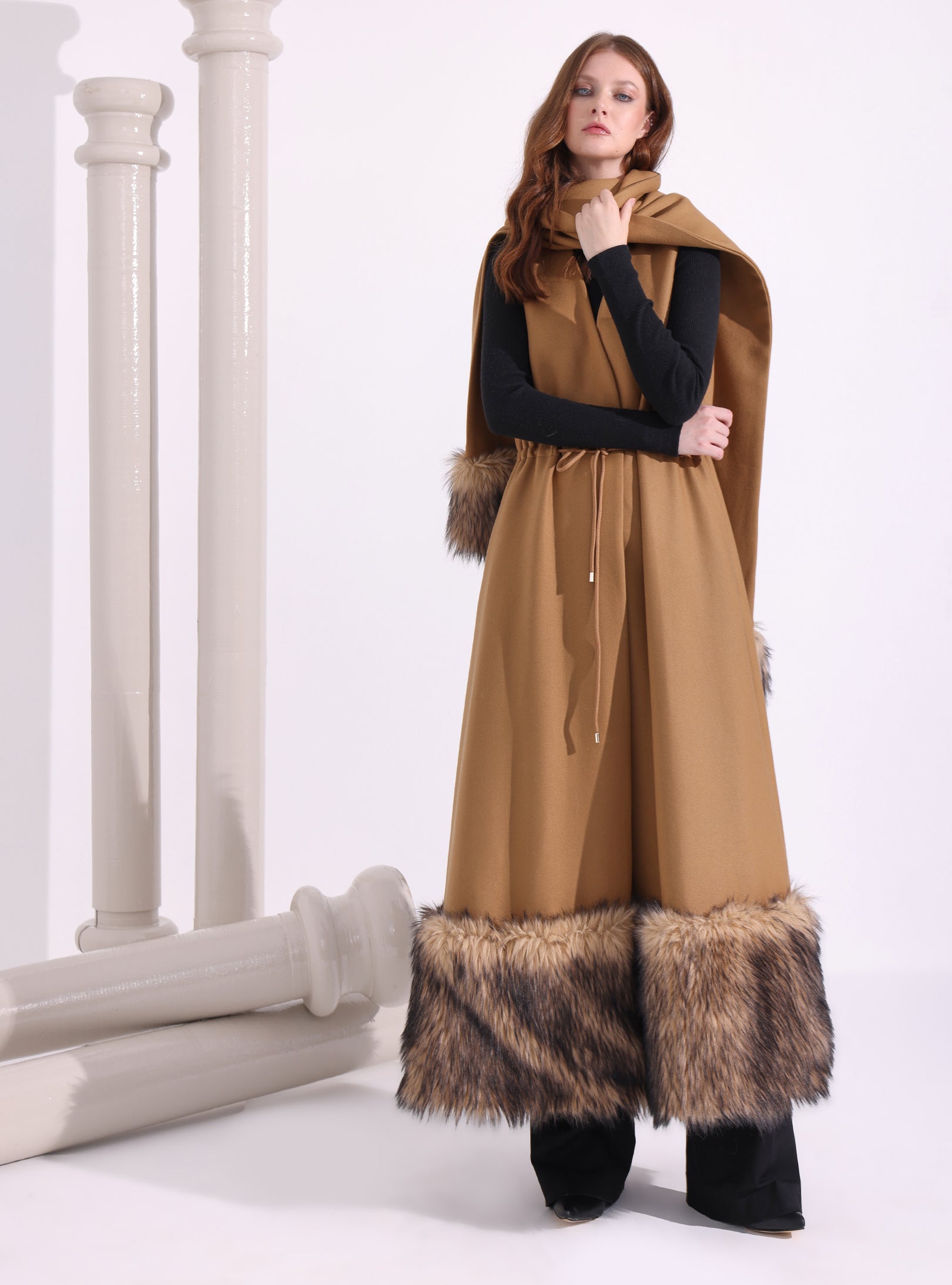 Faux Fur Trim Camel Wool Gilet With Scarf - Store WF