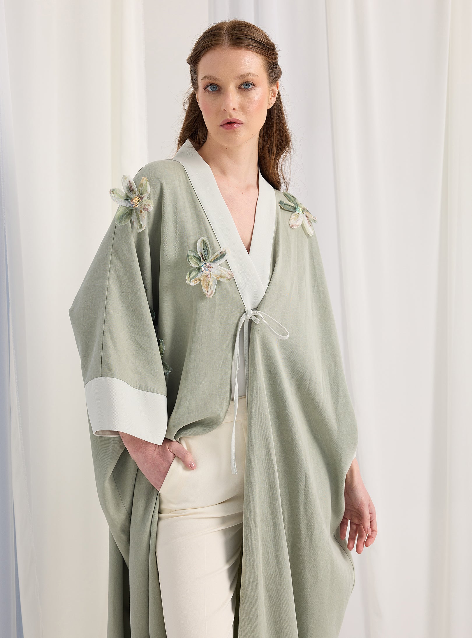 Light Mint Flower Detailed Abaya - Store WF