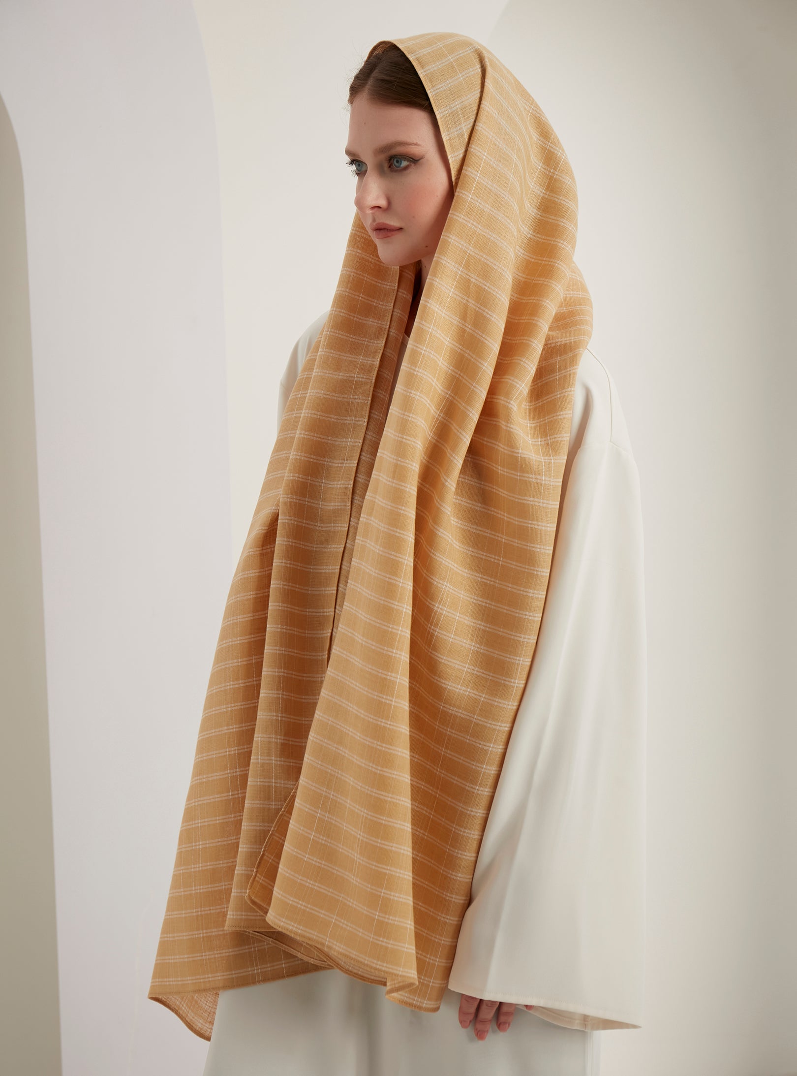 Keten Sarı Kareli Şal Eşarp