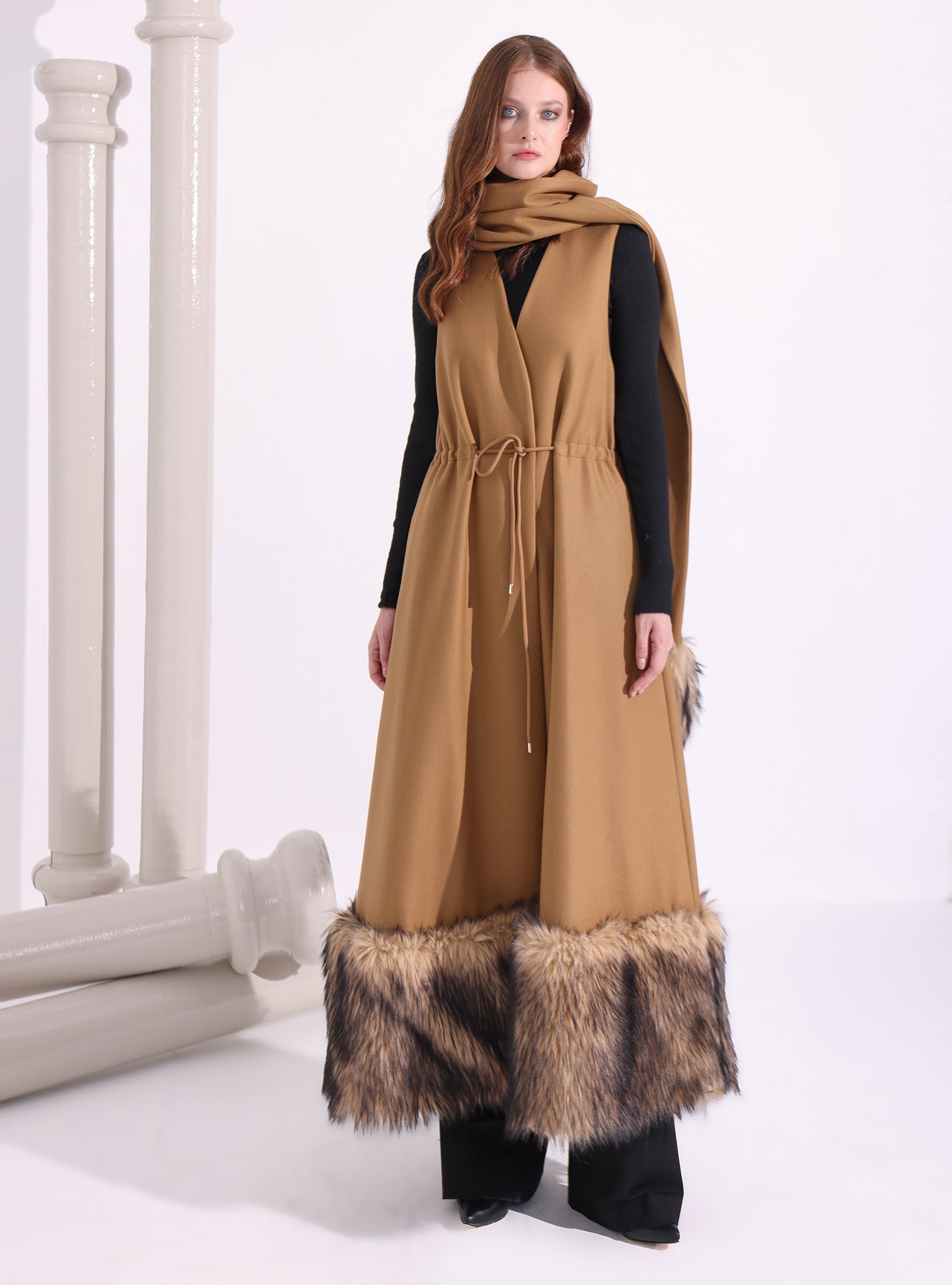Faux Fur Trim Camel Wool Gilet With Scarf - Store WF