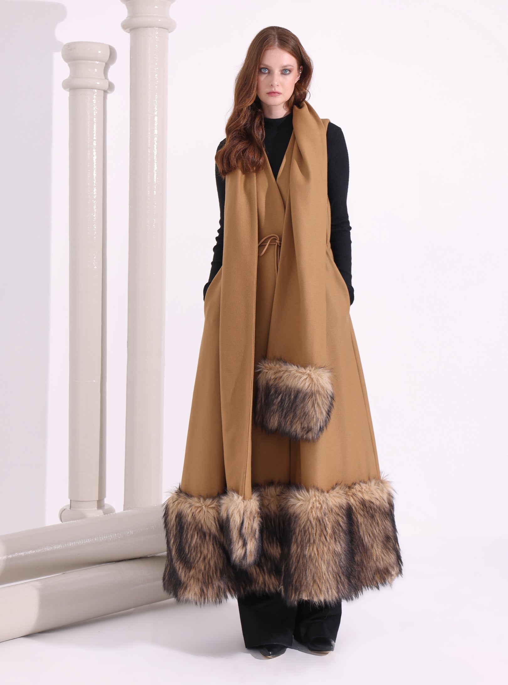 Faux Fur Trim Camel Wool Gilet With Scarf - Store WF