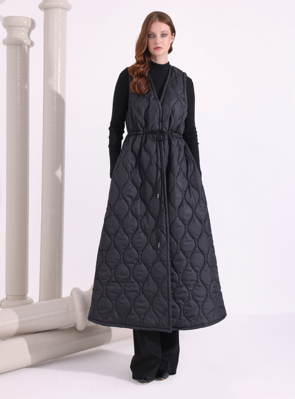 Black Quilt Puffer Gilet With Scarf - Store WF