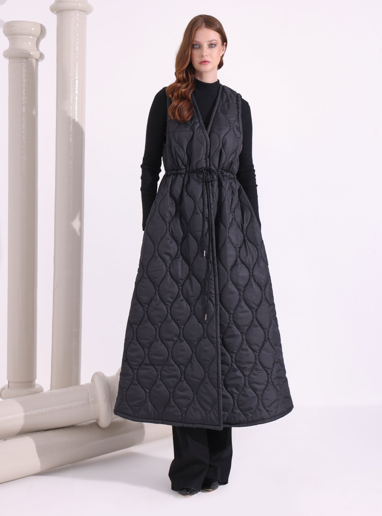 Black Quilt Puffer Gilet With Scarf - Store WF