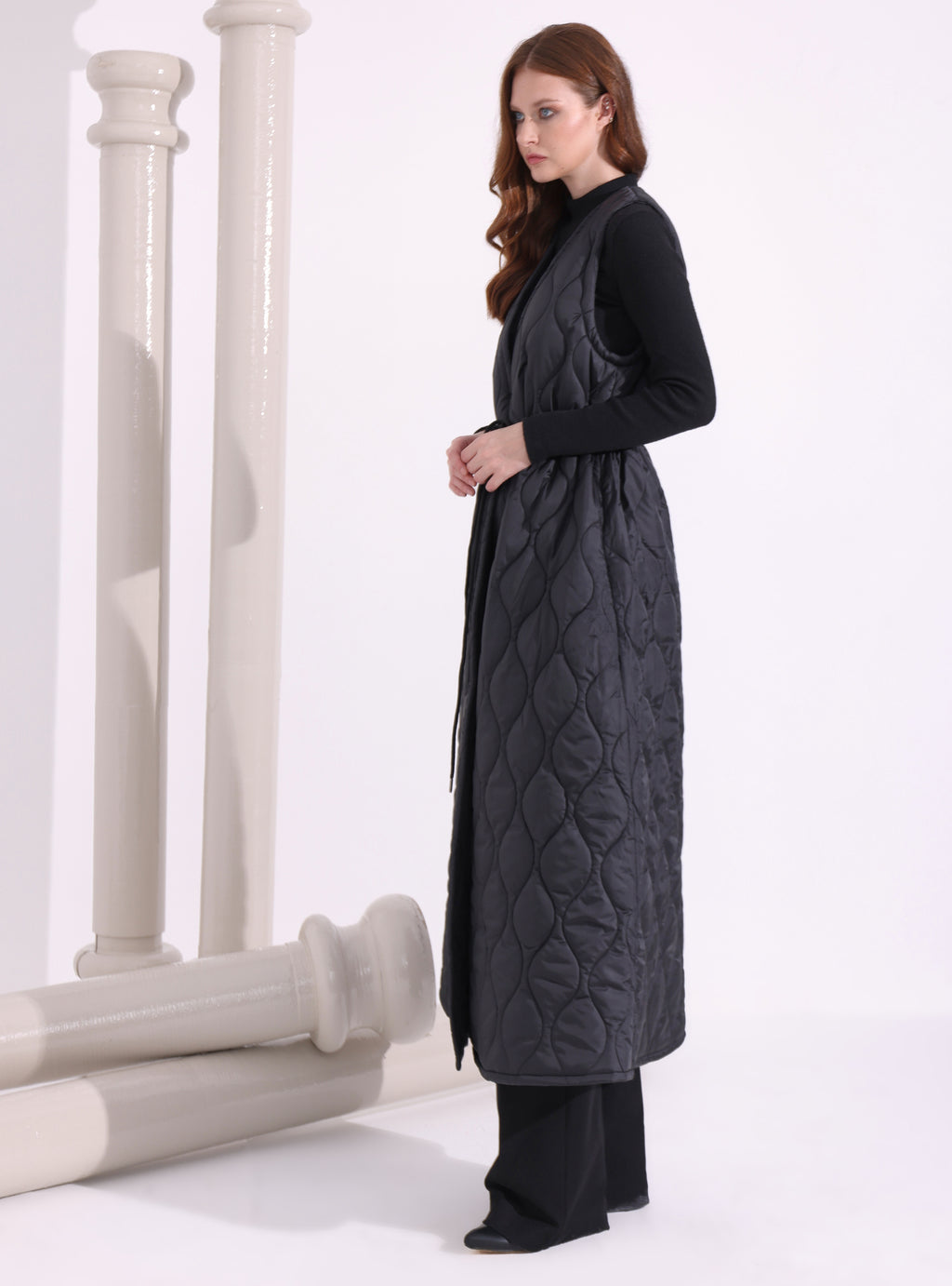 Black Quilt Puffer Gilet With Scarf - Store WF