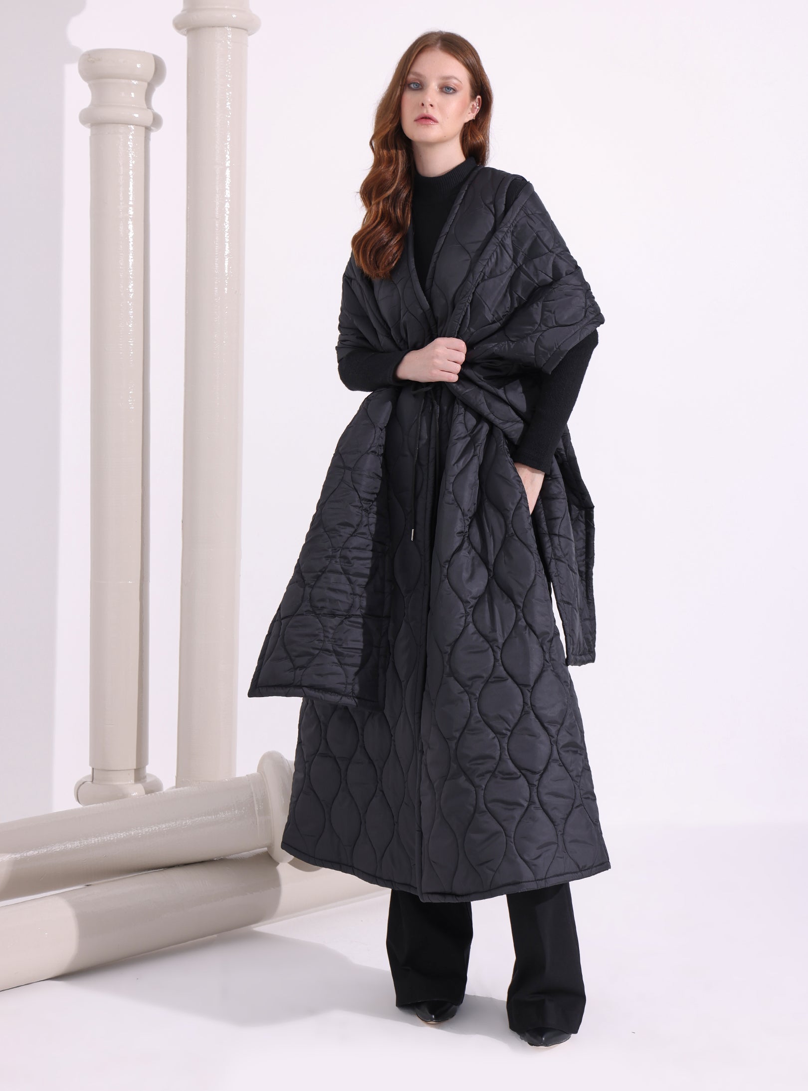 Black Quilt Puffer Gilet With Scarf - Store WF