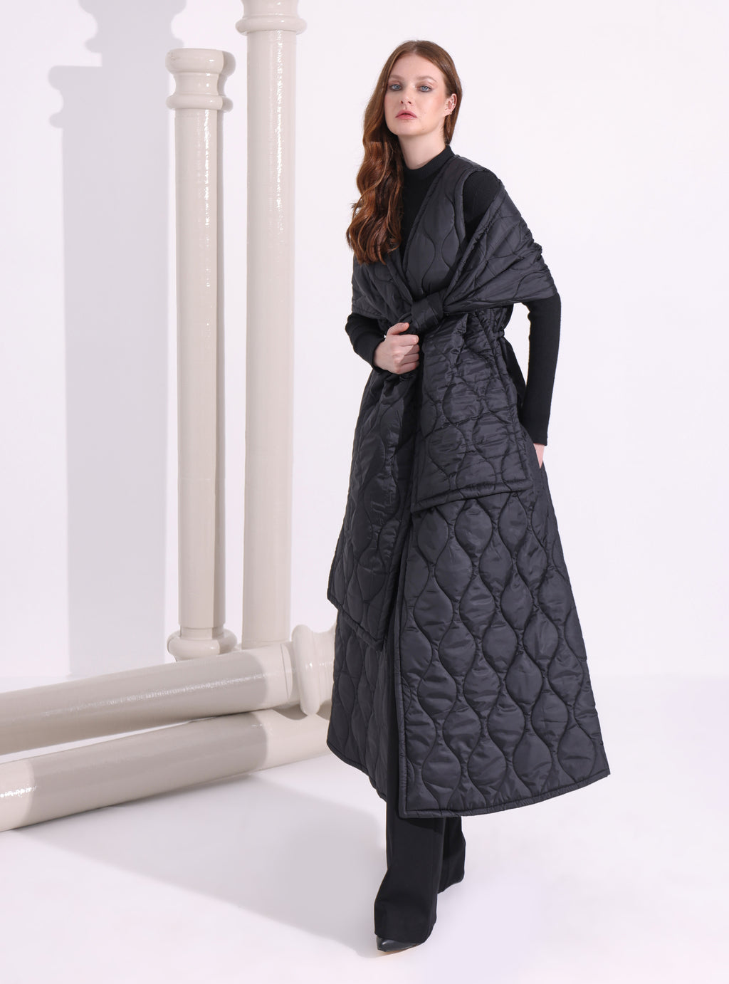 Black Quilt Puffer Gilet With Scarf - Store WF