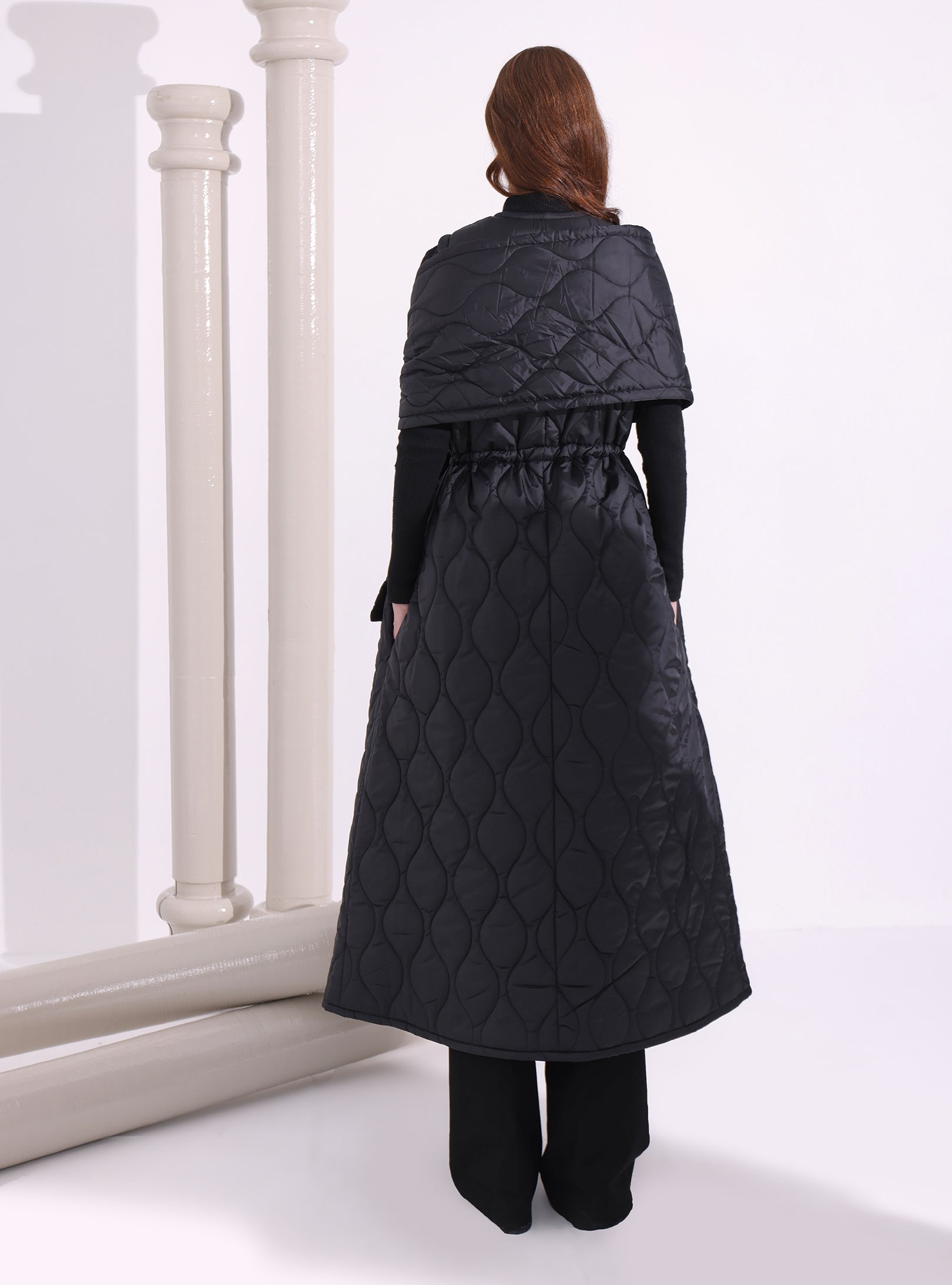 Black Quilt Puffer Gilet With Scarf - Store WF