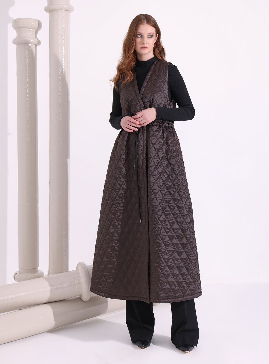 Brown Quilt Puffer Gilet With Scarf - Store WF