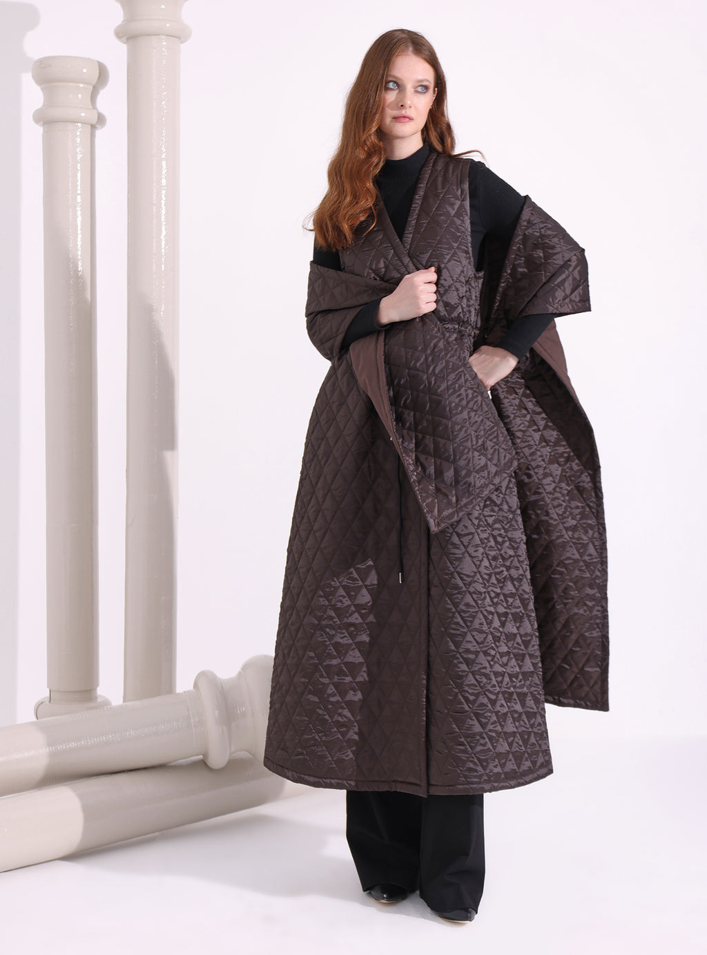 Brown Quilt Puffer Gilet With Scarf - Store WF