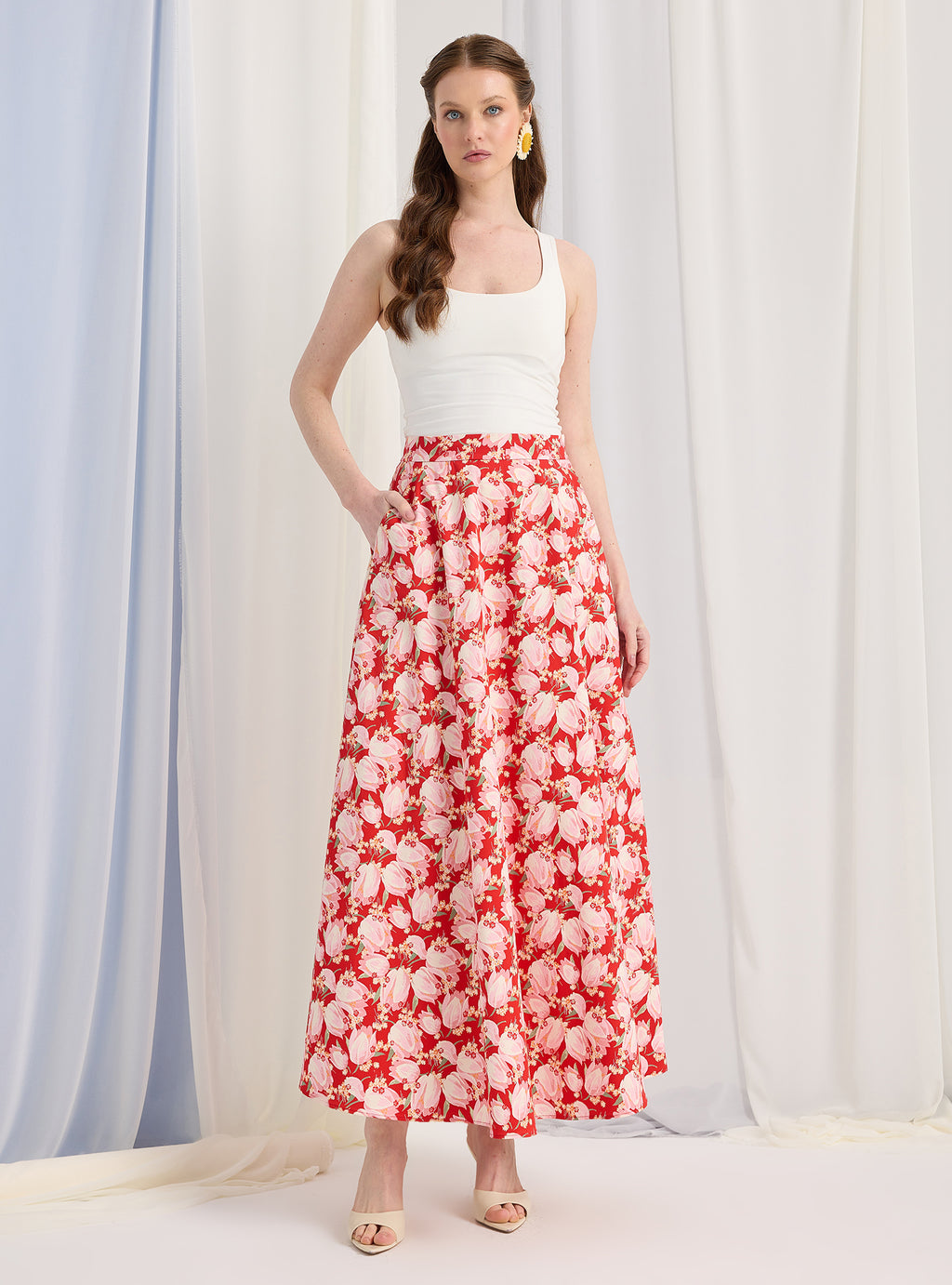 Red Printed Maxi Skirt - Store WF