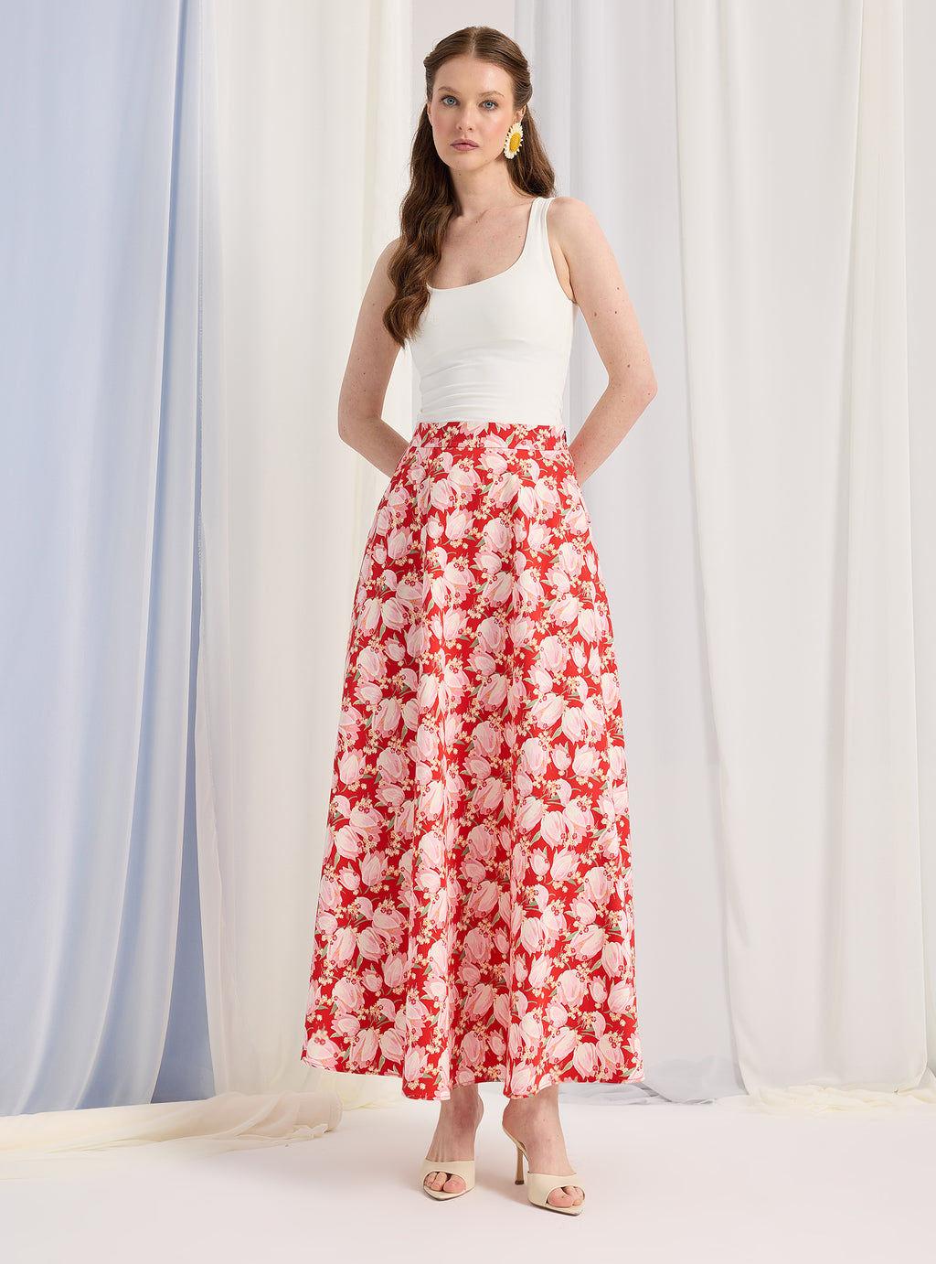 Red Printed Maxi Skirt - Store WF