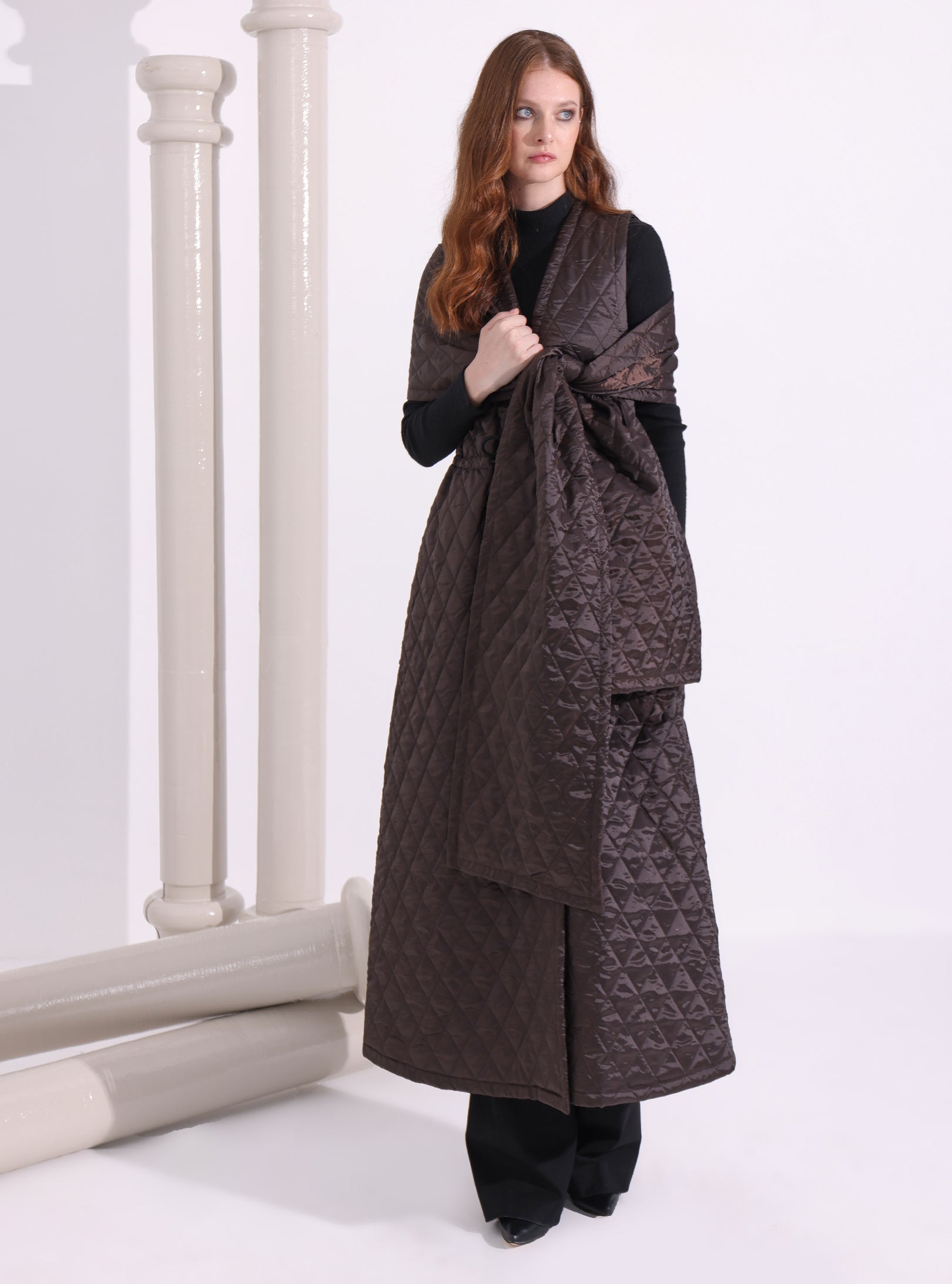 Brown Quilt Puffer Gilet With Scarf - Store WF