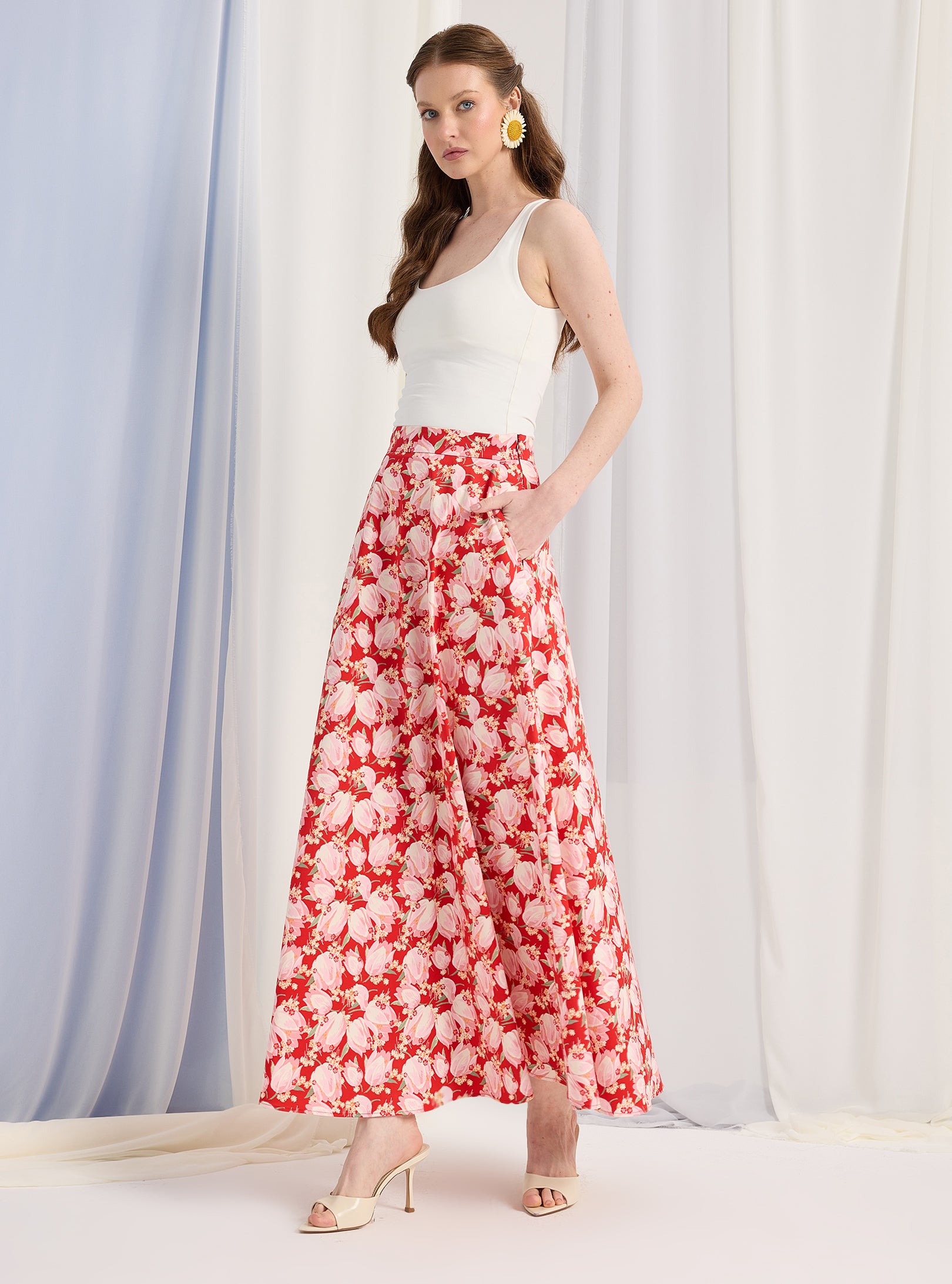 Red Printed Maxi Skirt - Store WF