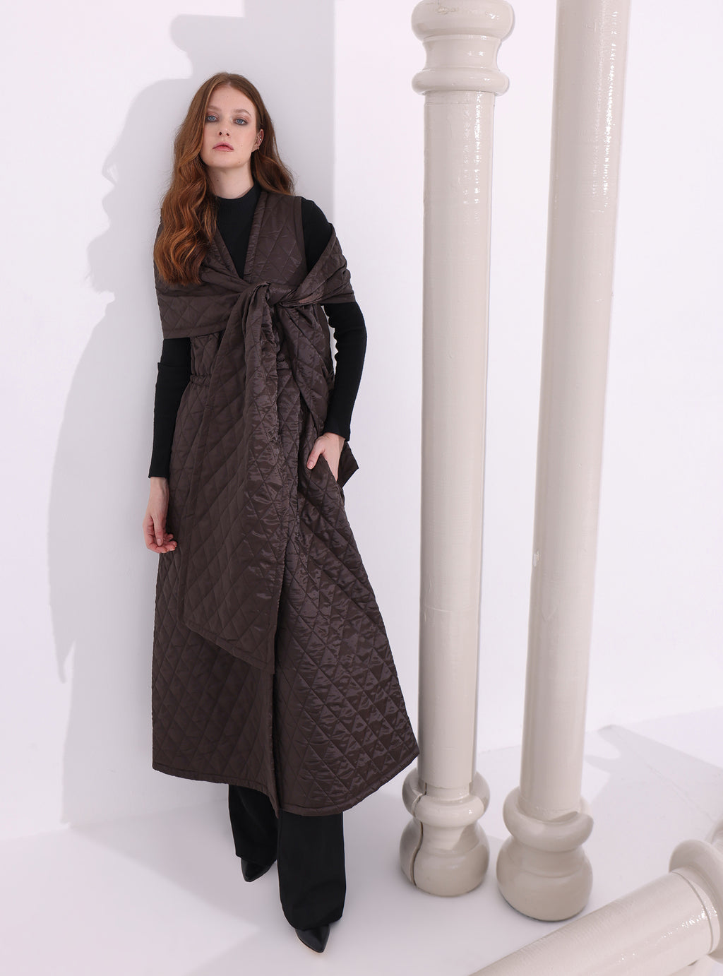 Brown Quilt Puffer Gilet With Scarf - Store WF