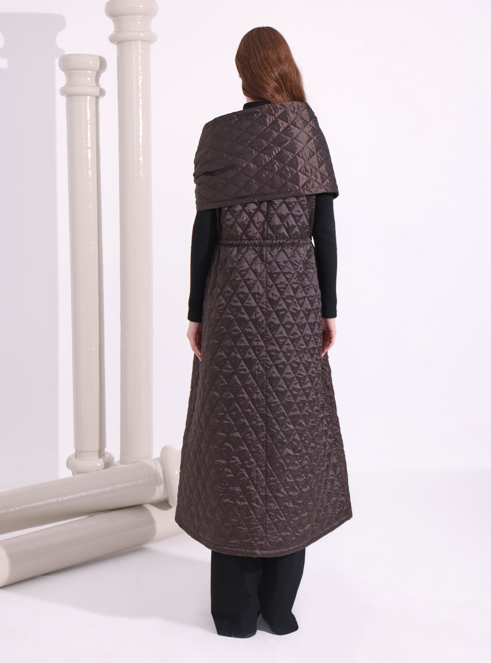 Brown Quilt Puffer Gilet With Scarf - Store WF