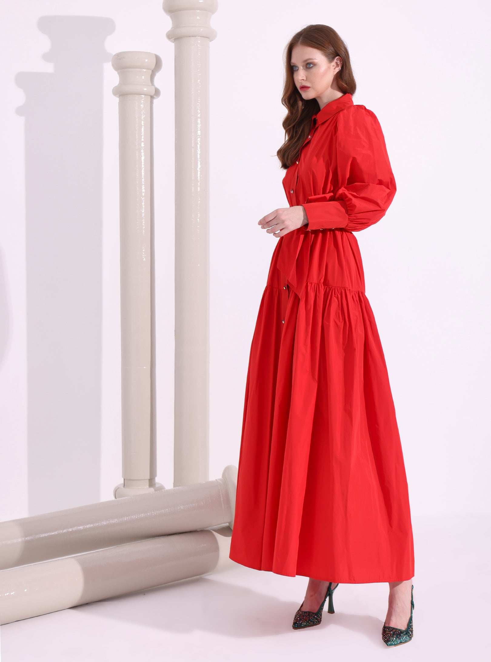 Red Taffeta Cristal Button Maxi Dress - Store WF