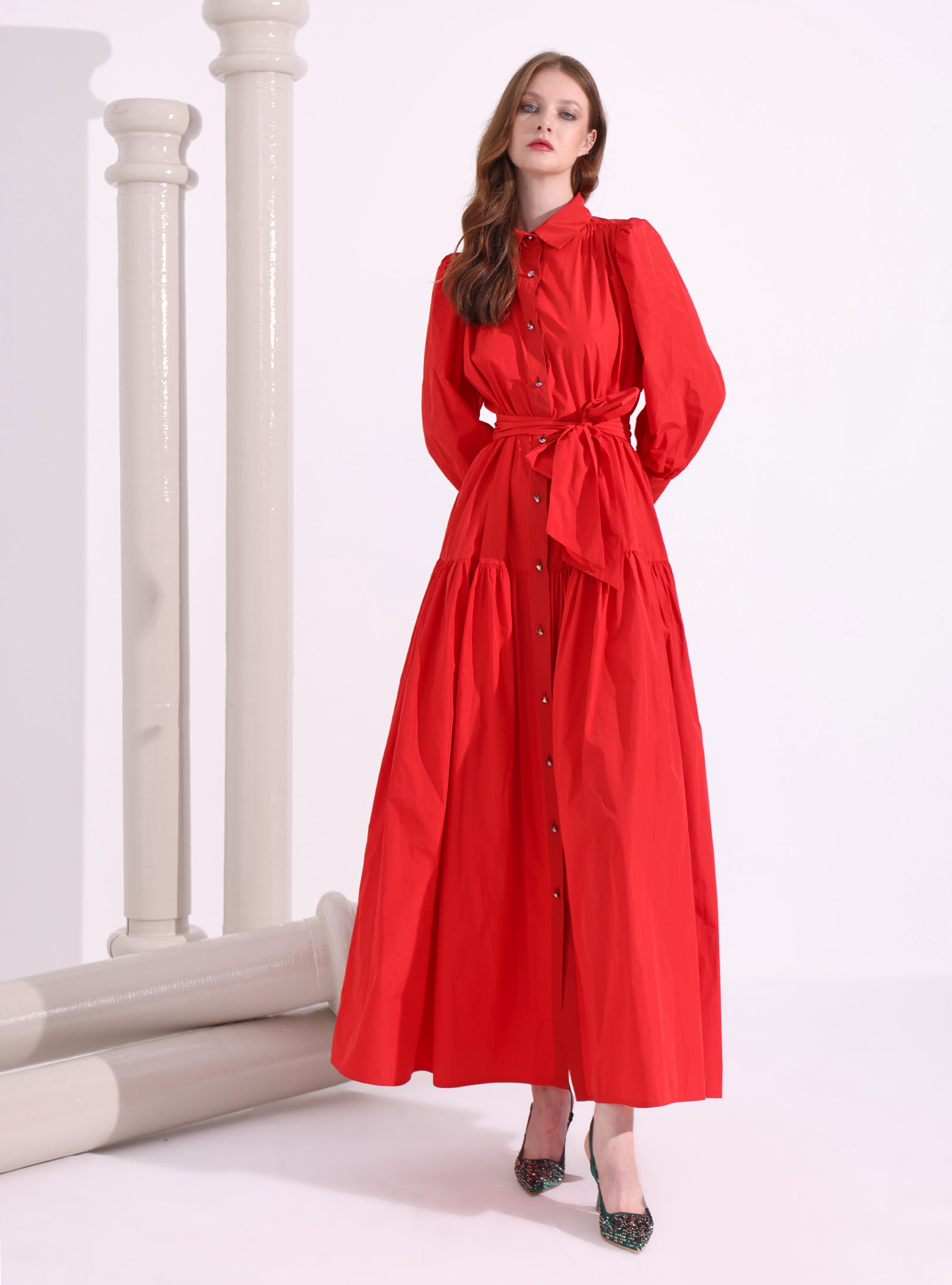 Red Taffeta Cristal Button Maxi Dress - Store WF
