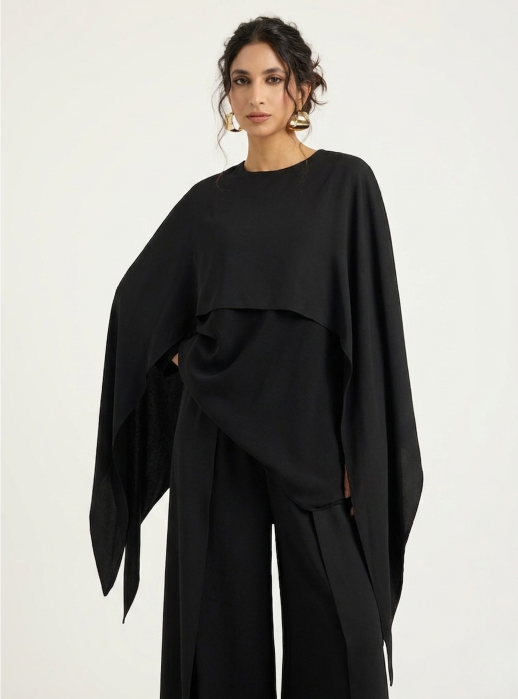 Black Cape-Effect Blouse & Trouser Set - Store WF