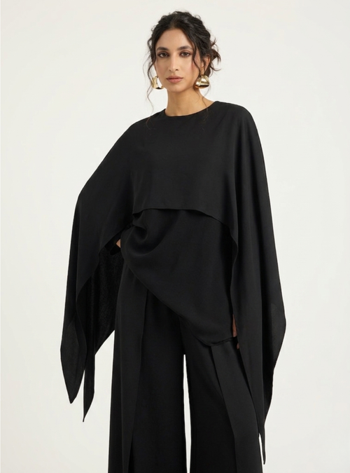 Black Cape-Effect Blouse & Trouser Set - Store WF