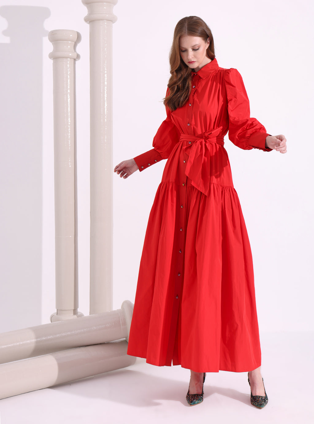Red Taffeta Cristal Button Maxi Dress - Store WF