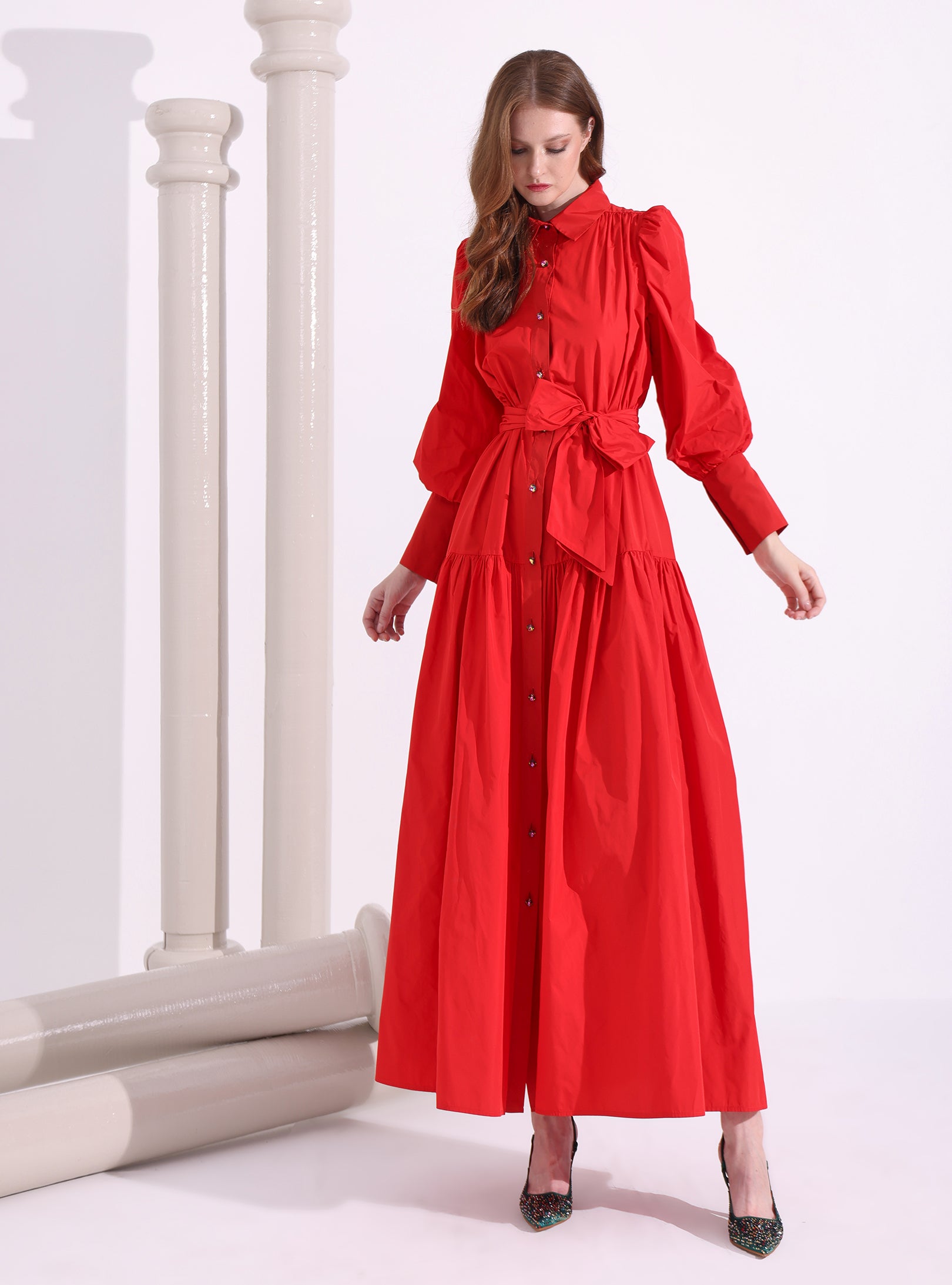 Red Taffeta Cristal Button Maxi Dress - Store WF