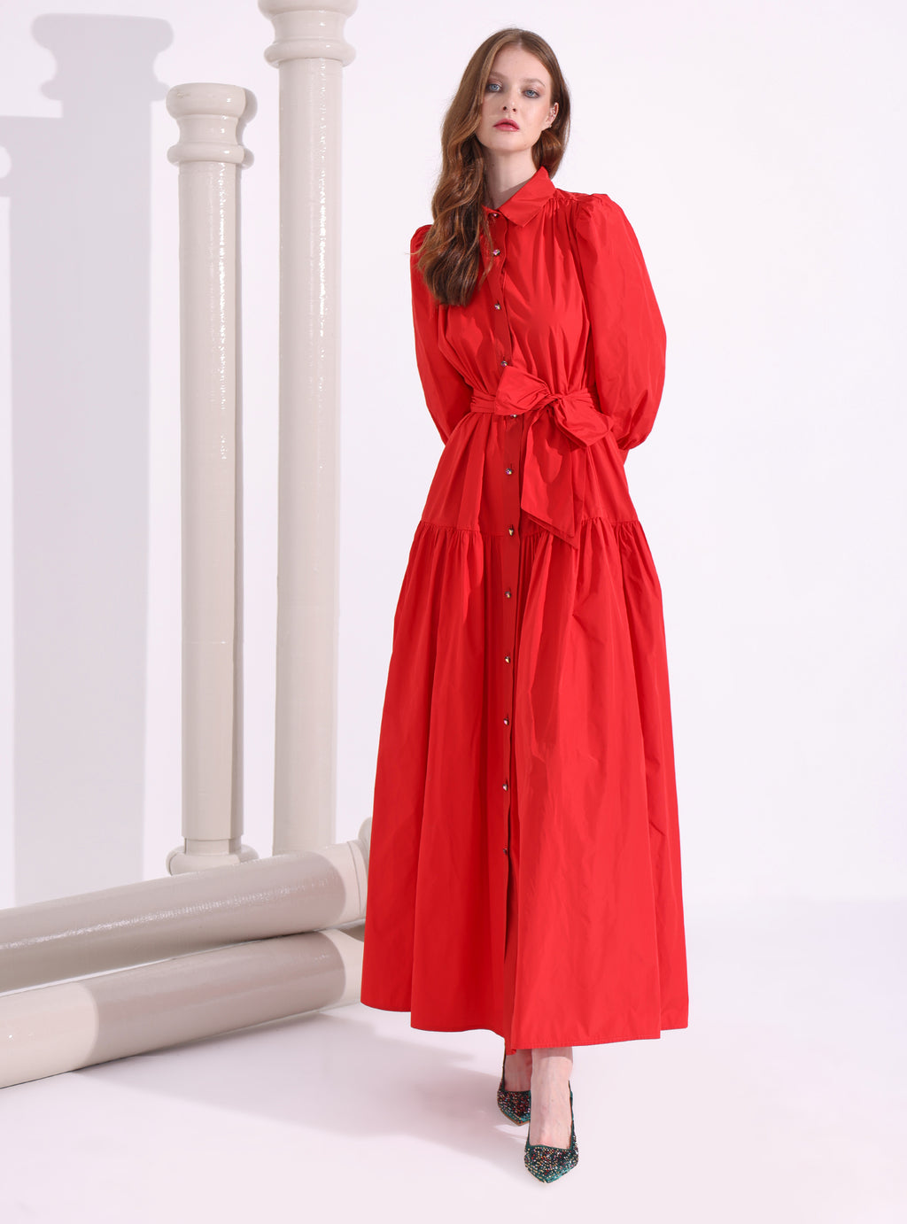 Red Taffeta Cristal Button Maxi Dress - Store WF