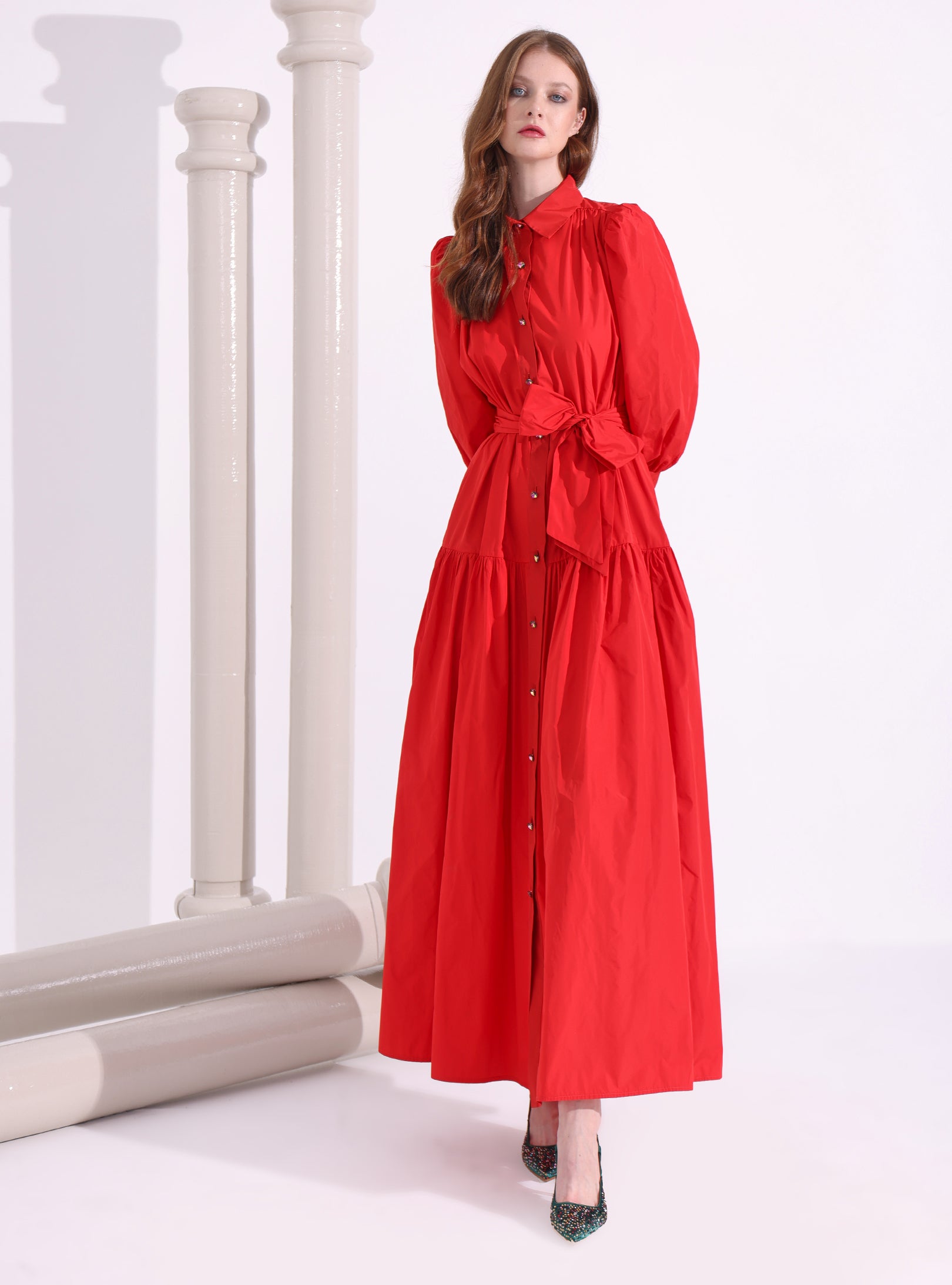 Red Taffeta Cristal Button Maxi Dress - Store WF
