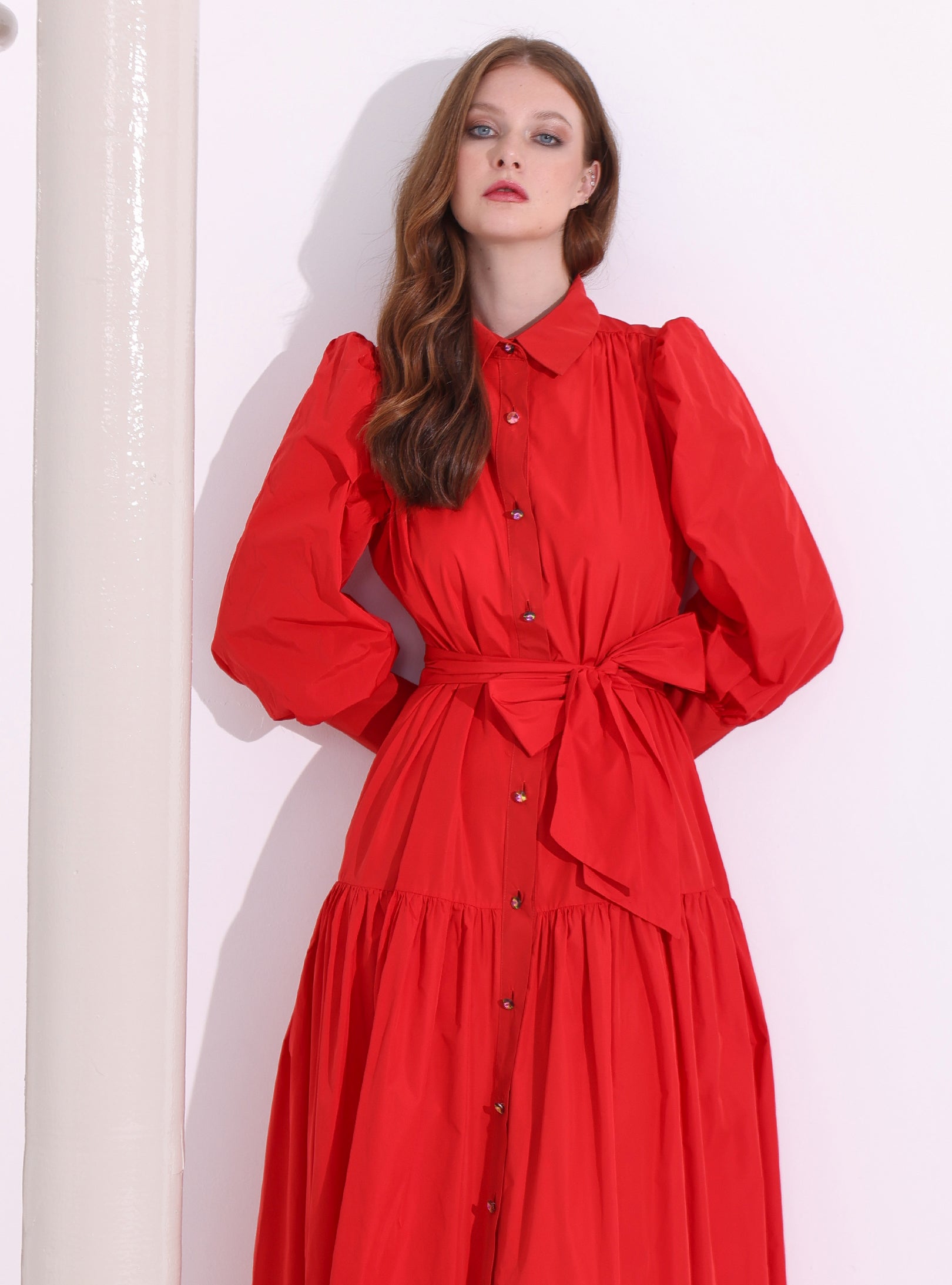 Red Taffeta Cristal Button Maxi Dress - Store WF