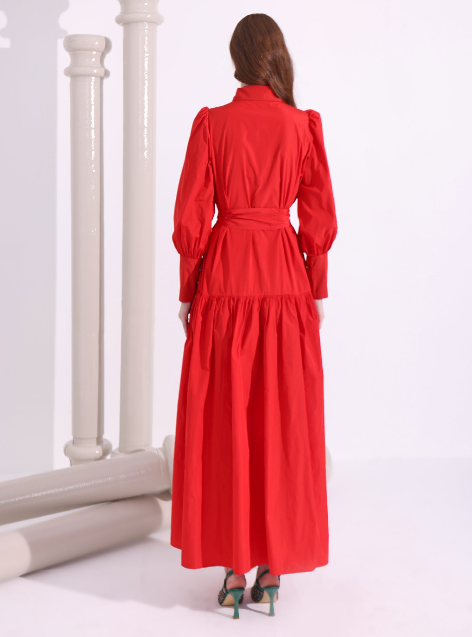 Red Taffeta Cristal Button Maxi Dress - Store WF