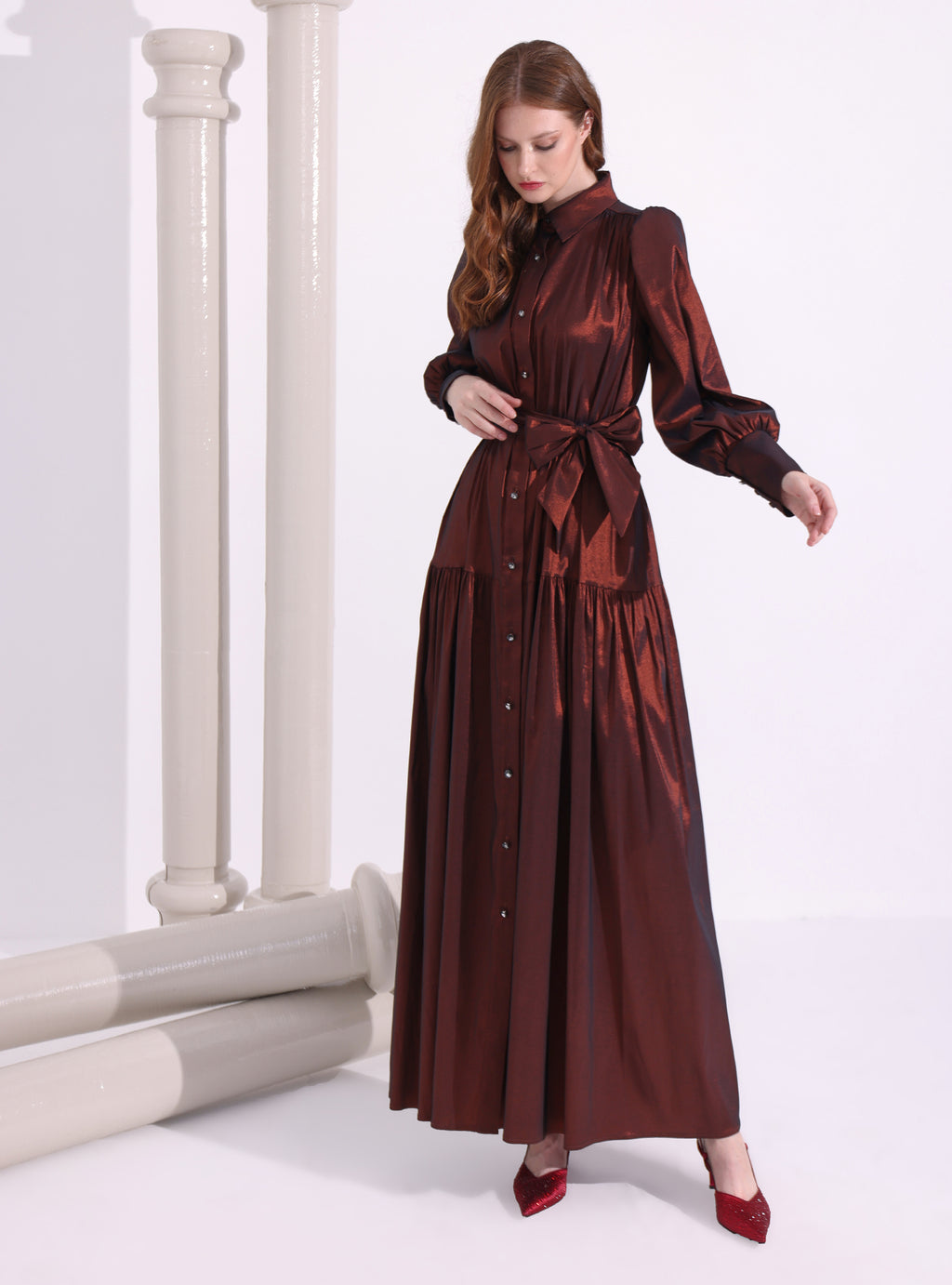 Bronze Metallic Taffeta Cristal Button Maxi Dress - Store WF