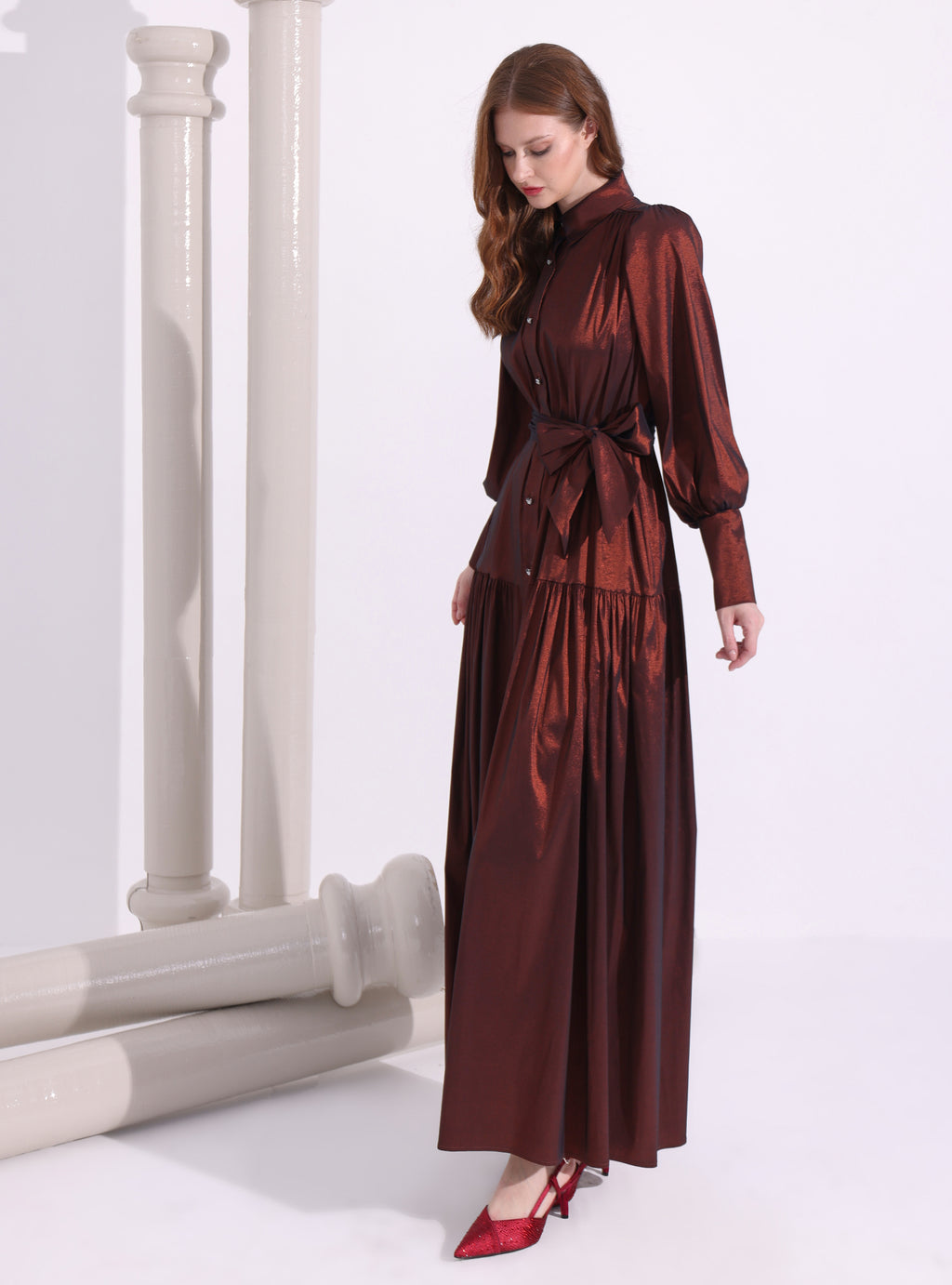 Bronze Metallic Taffeta Cristal Button Maxi Dress - Store WF