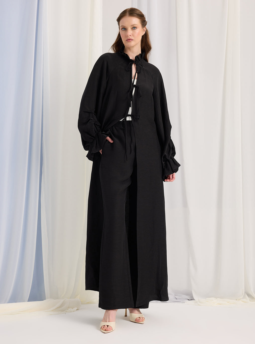 Black Balloon Sleeve Kimono Trousers Set - Store WF