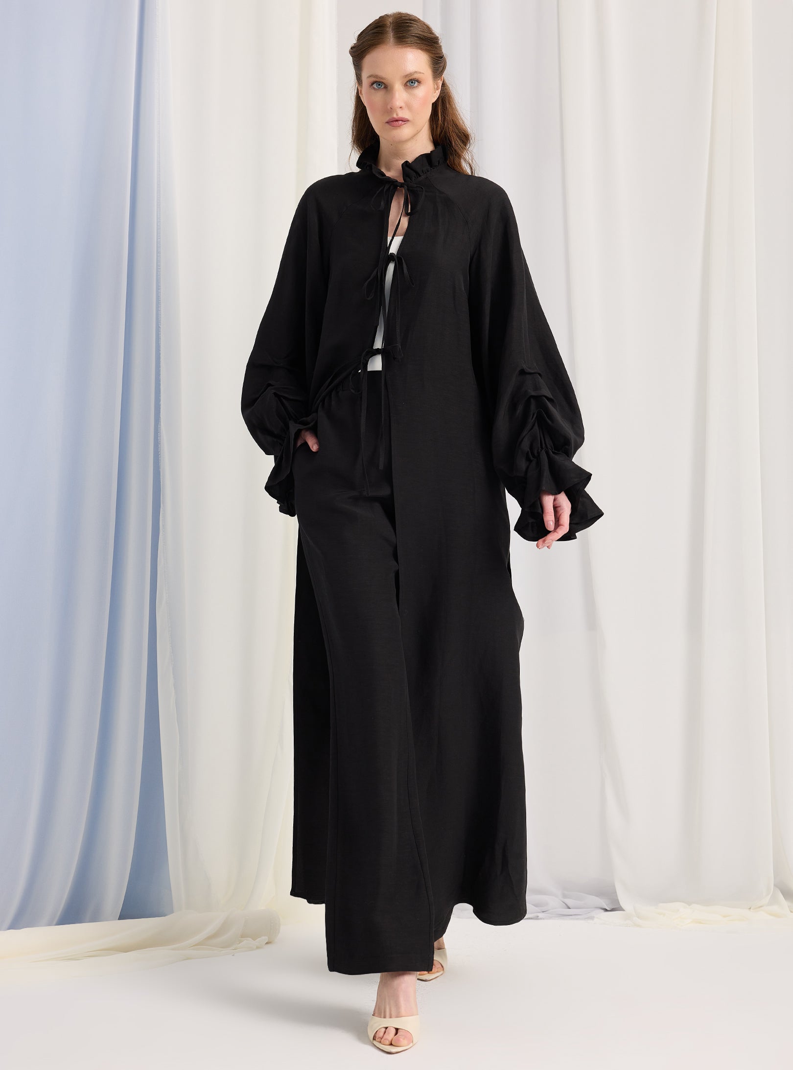 Black Balloon Sleeve Kimono Trousers Set - Store WF