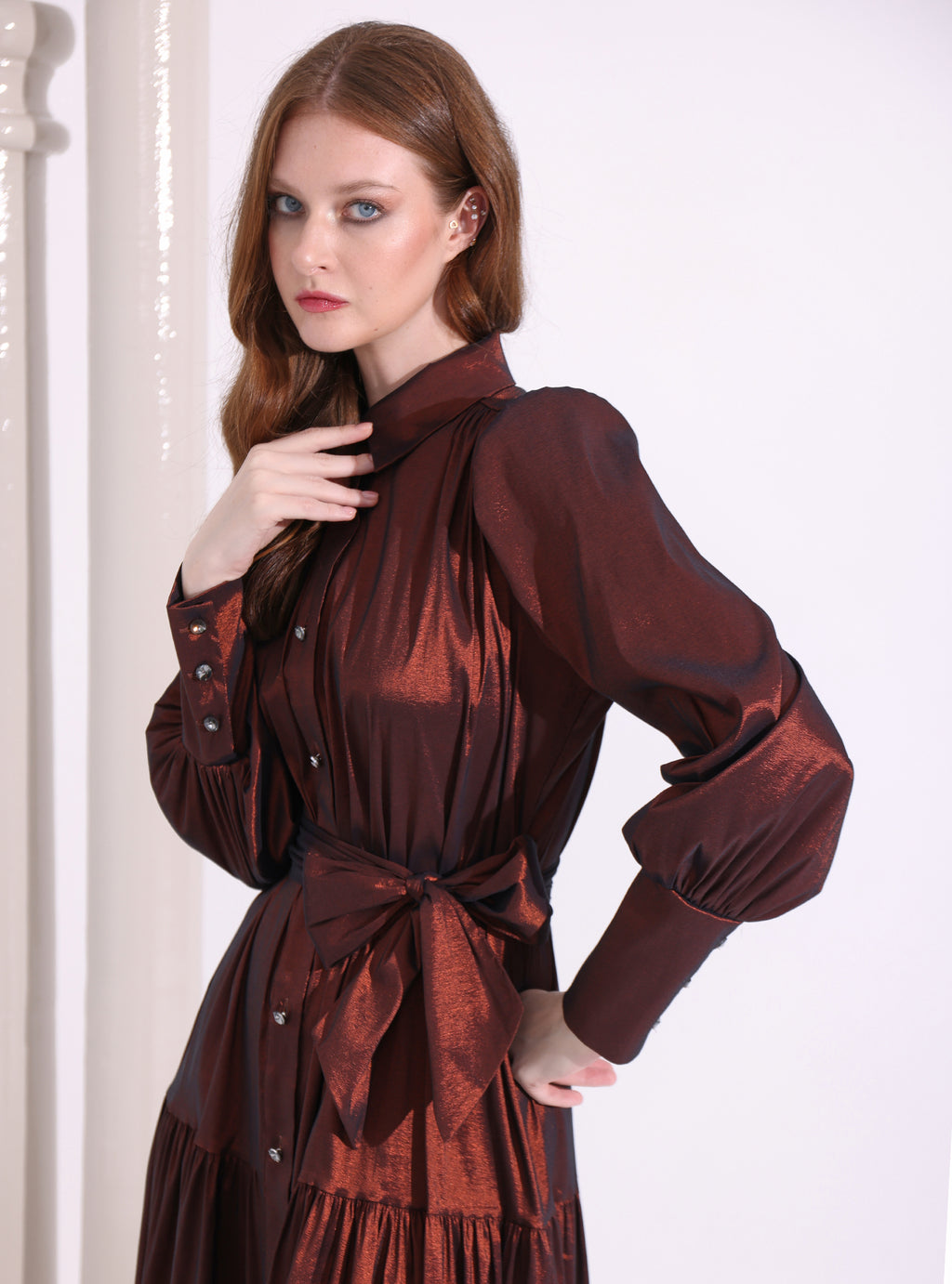 Bronze Metallic Taffeta Cristal Button Maxi Dress - Store WF