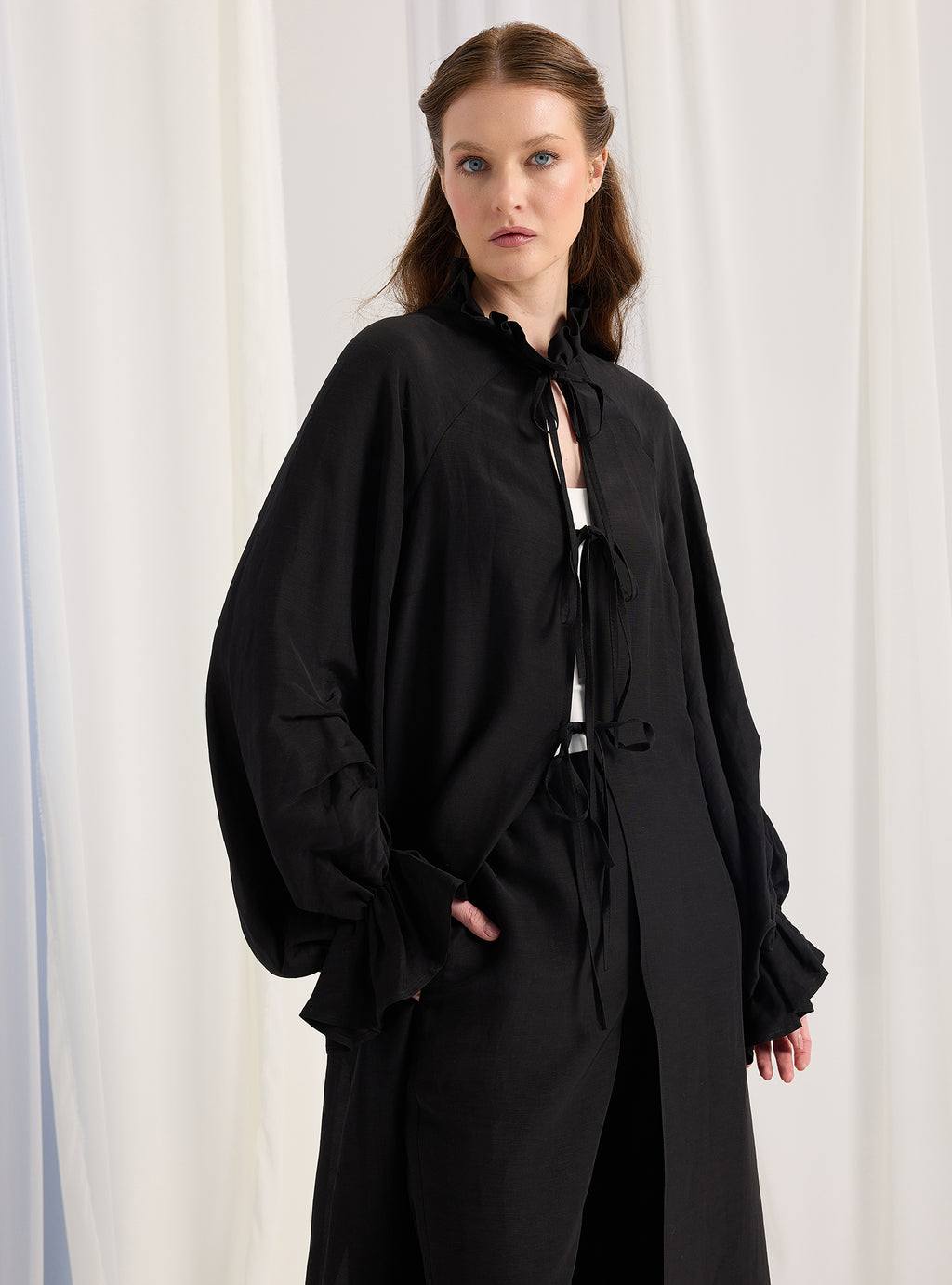 Black Balloon Sleeve Kimono Trousers Set - Store WF