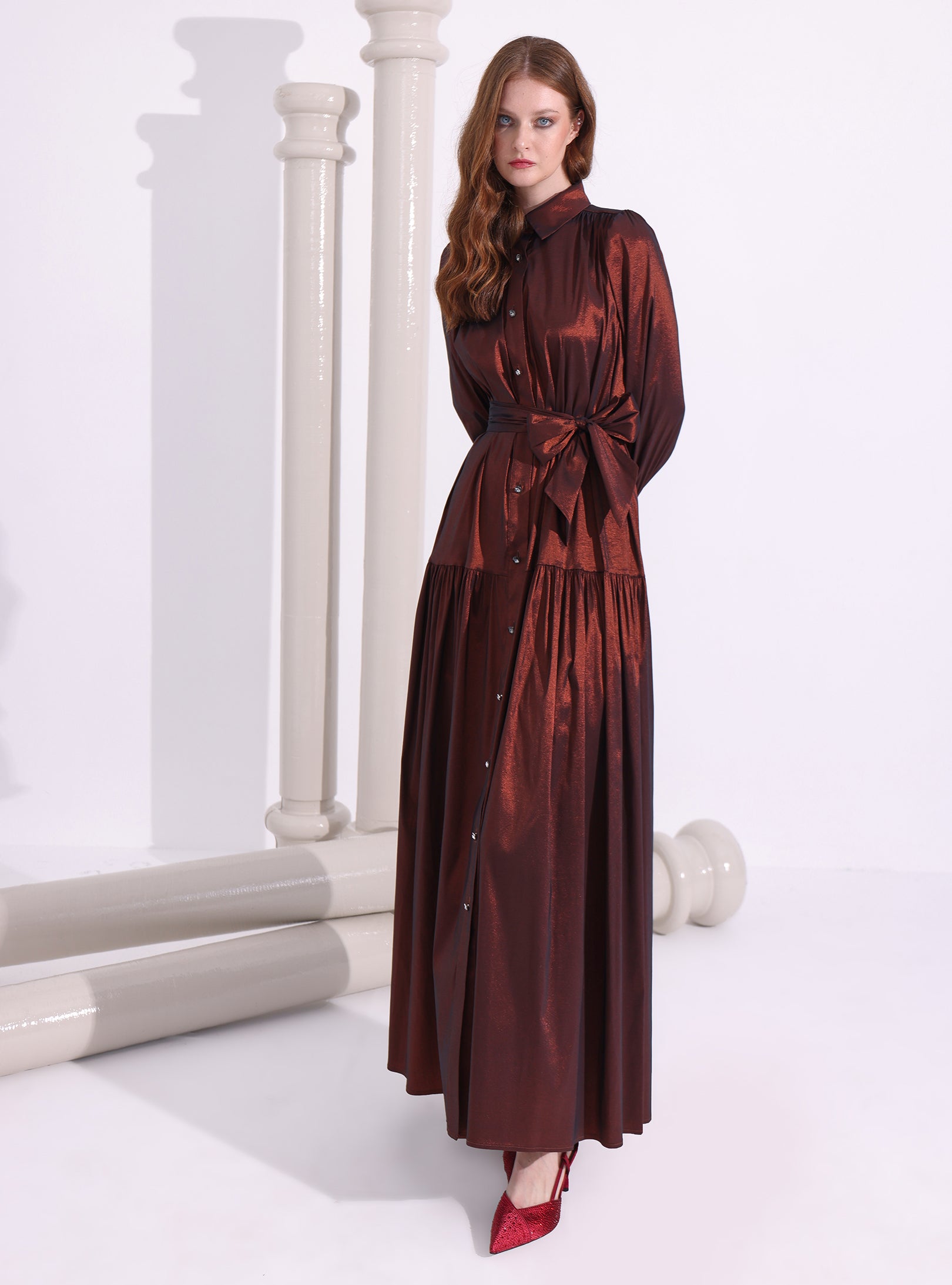 Bronze Metallic Taffeta Cristal Button Maxi Dress - Store WF